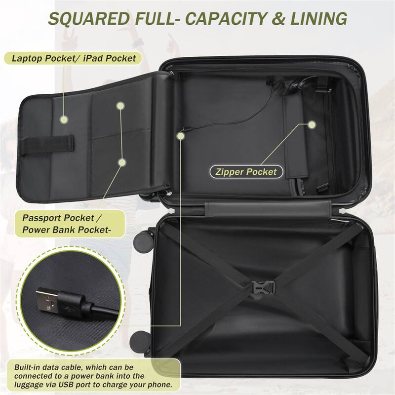 SQUARED FULL-CAPACITY & LINING

Laptop Pocket / iPad Pocket

Zipper Pocket

Passport Pocket / Power Bank Pocket

Built-in data cable, which can be connected to a power bank into the luggage via USB port to charge your phone.