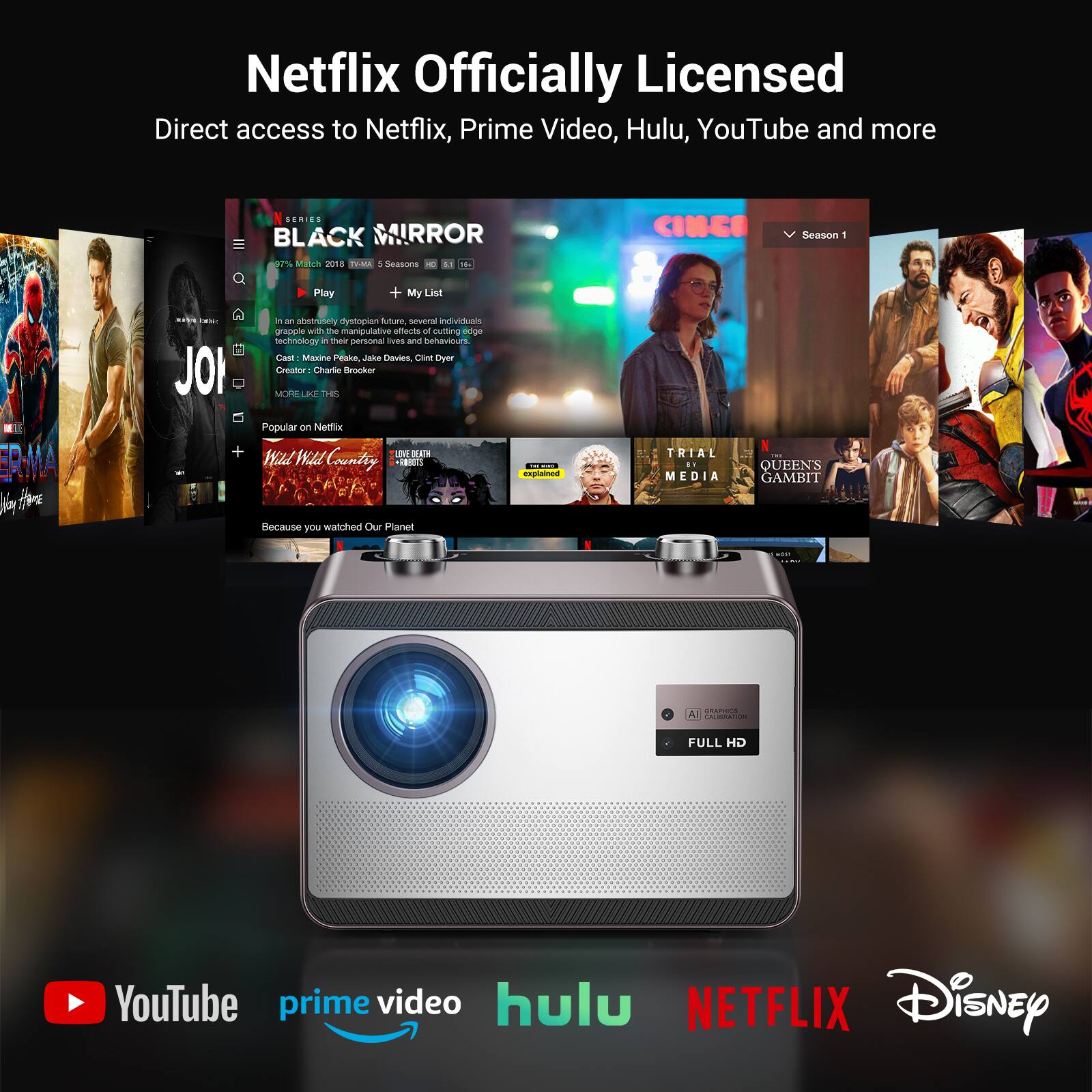 Netflix Officially Licensed  
Direct access to Netflix, Prime Video, Hulu, YouTube and more

BLACK MIRROR  
97 Match 2018 | TV-MA | 5 Seasons | 96%  
In an absolutely dystopian future, several individuals grapple with the manipulative effects of cutting-edge technology that can alter personal traits and behaviors.  
Cast: Philip-Michael Thomas, Marie-Elise Duval, Joe Davis, Cline Dyer  
Creator: Charlie Brooker  
MICROLED TV

Popular on Netflix  
Wild Wild Country  
Love Death & Robots  
Because you watched Our Planet

QUEENS GAMBIT  
Season 1  
FULL HD

YouTube prime video hulu NETFLIX Disney