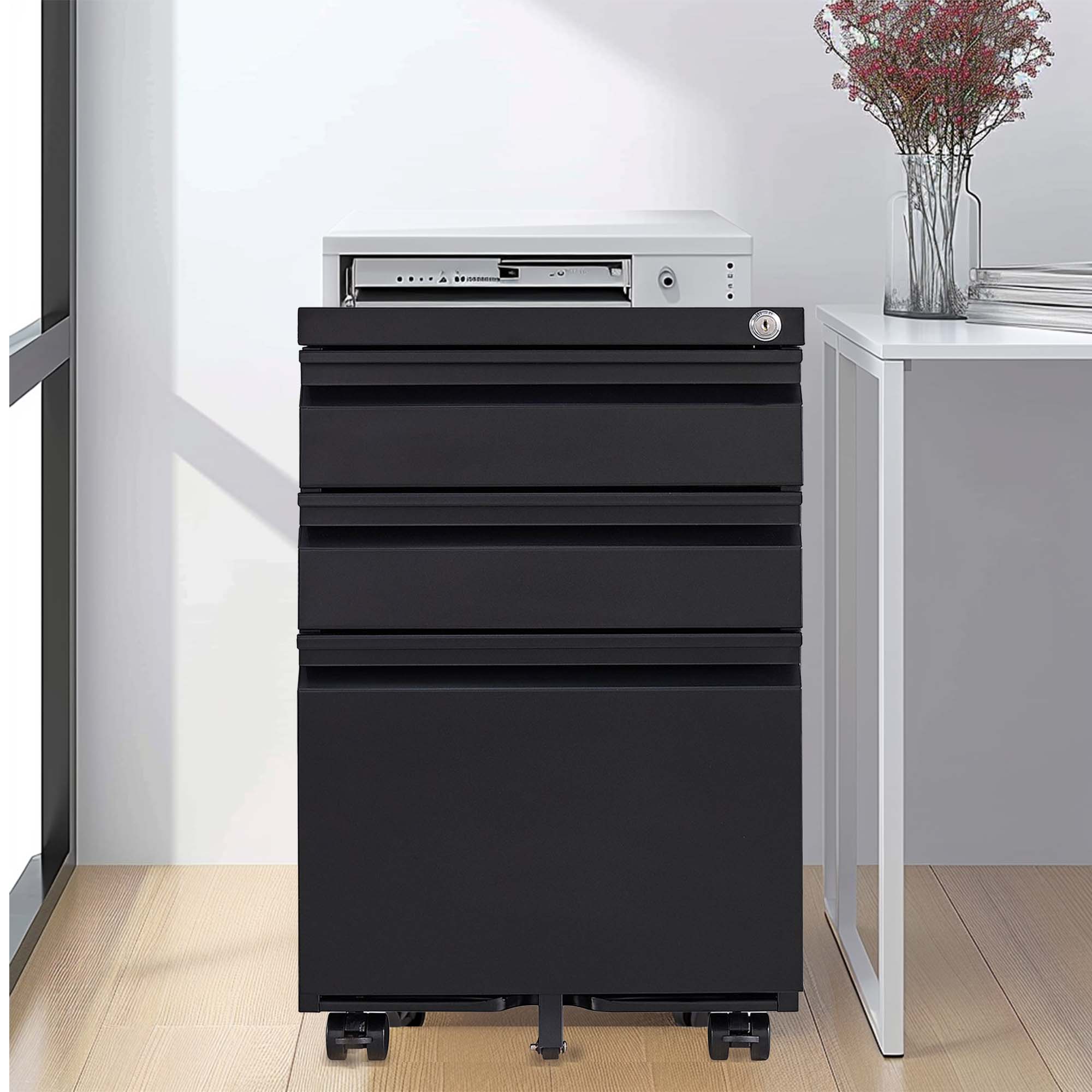 Left. Dexmalle - Dexmalle-3 Drawer Mobile File Cabinet with Lock-Black.