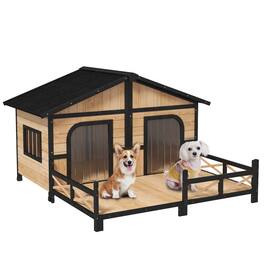 Pawhut - Dog House Outdoor, Wooden, Double Room, Openable Roof, Removable Bottom, Small to Medium Dogs