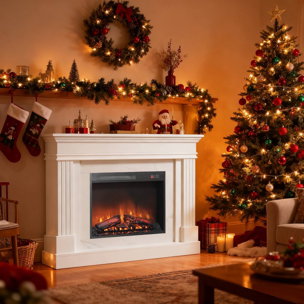 Alt View 1. Loheer - Loheer 44 inch electric fireplace with mantel, 23 inch fireplace insert heater, Jasmine White - White.