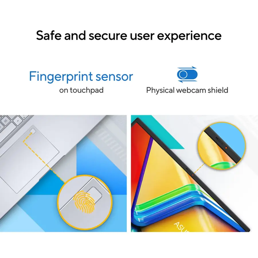 Safe and secure user experience:

* Fingerprint sensor on touchpad
* Physical webcam shield