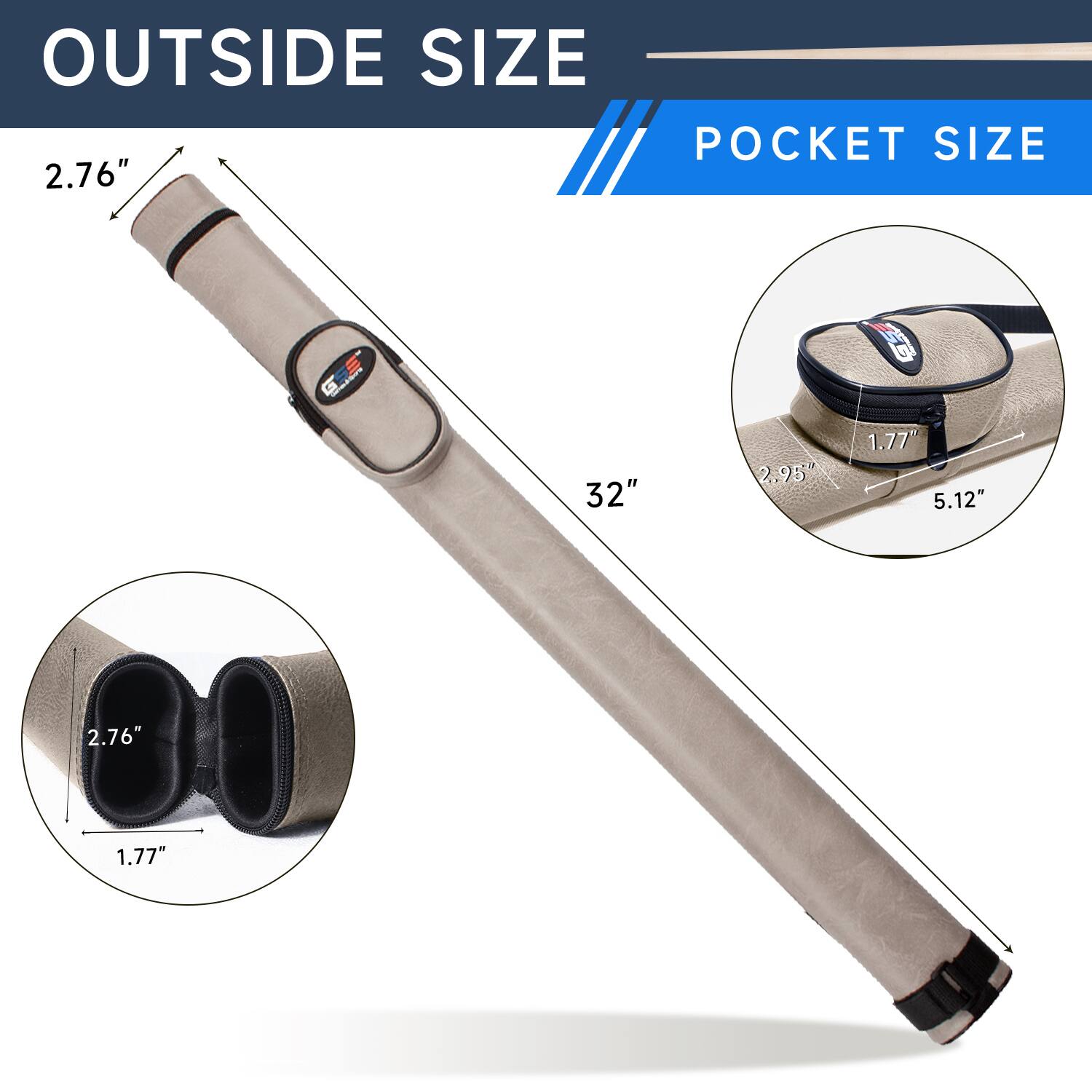 OUTSIDE SIZE: 2.76", 32"
POCKET SIZE: 2.95", 5.12", 1.77", 1.77"