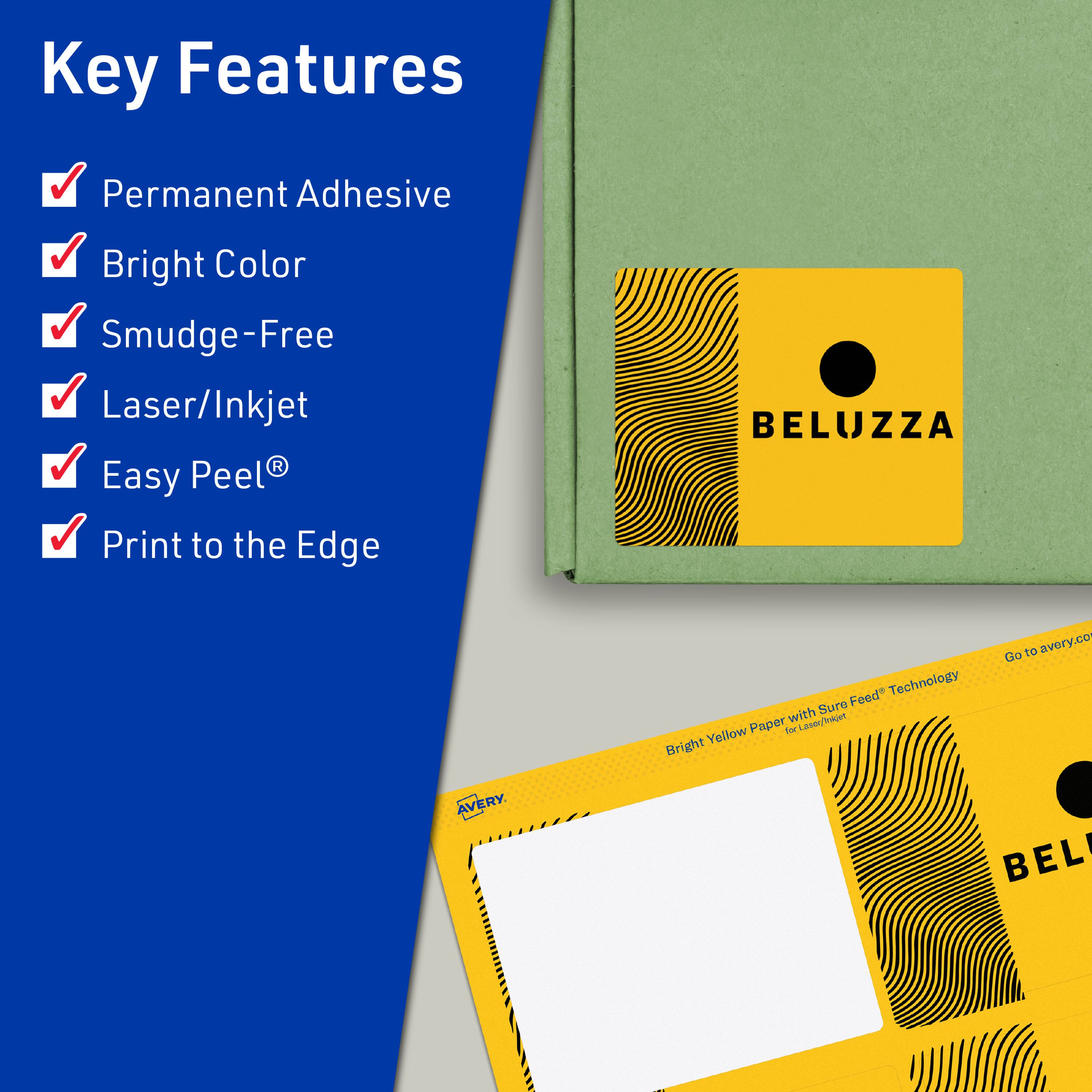 Key Features  
- Permanent Adhesive  
- Bright Color  
- Smudge-Free  
- Laser/Inkjet  
- Easy Peel®  
- Print to the Edge  

BELUZZA Feed Technology with Sure Paper for Laser/Inkjet  

Bright Yellow Paper with Sure Feed® Technology for Laser/Inkjet  

Go to avery.com