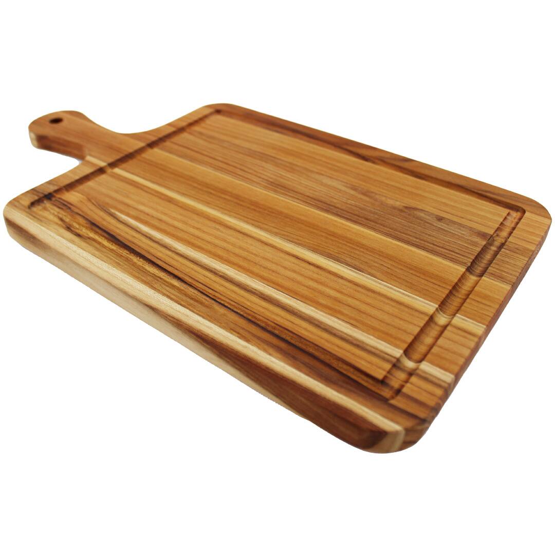 Front. EcoDecors - EcoDecors 17" x 10" FSC Teak Edge Grain Cutting Board with Handle & Groove - Natural Edge Grain Teak.