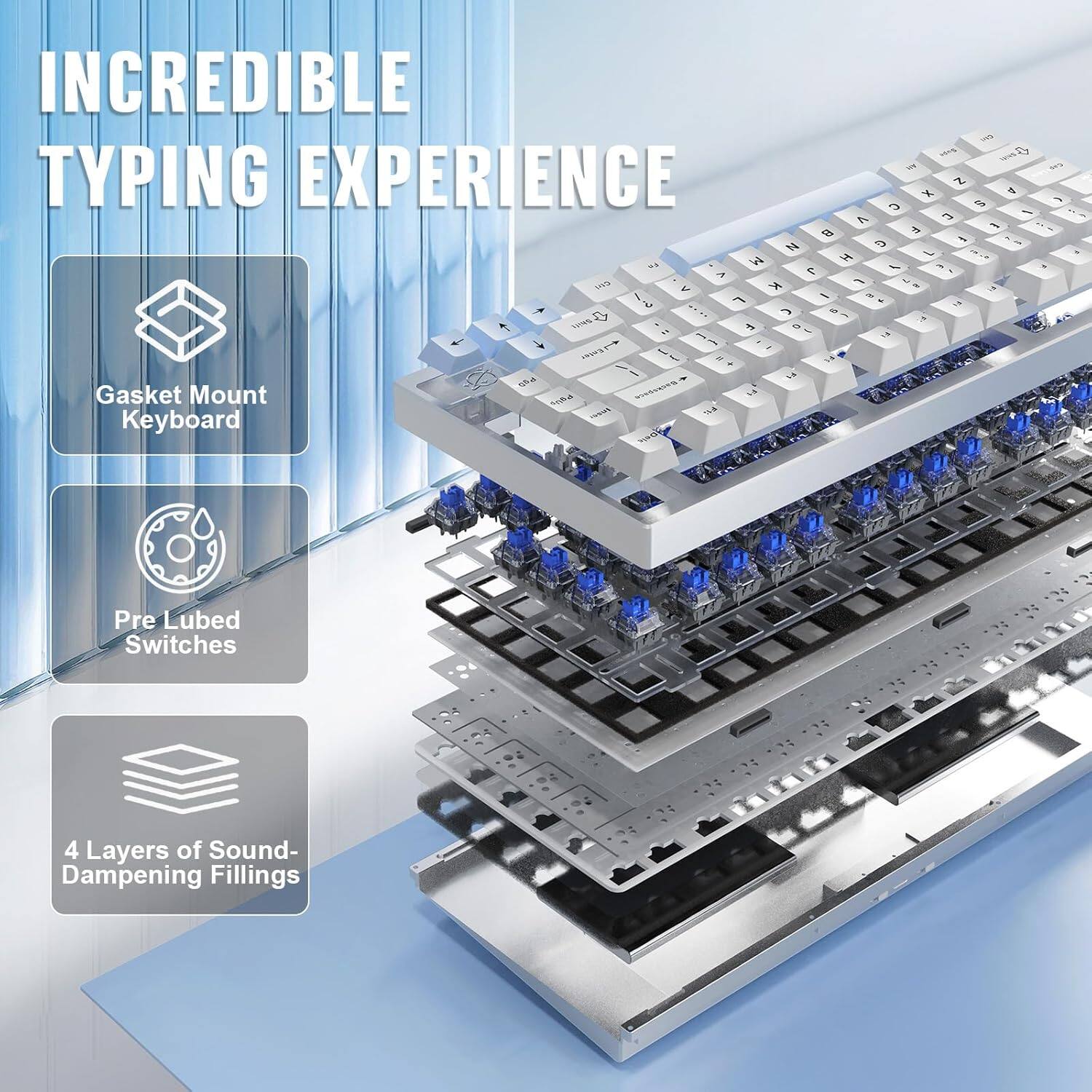 INCREDIBLE TYPING EXPERIENCE

- Gasket Mount Keyboard
- Pre Lubed Switches
- 4 Layers of Sound-Dampening Fillings