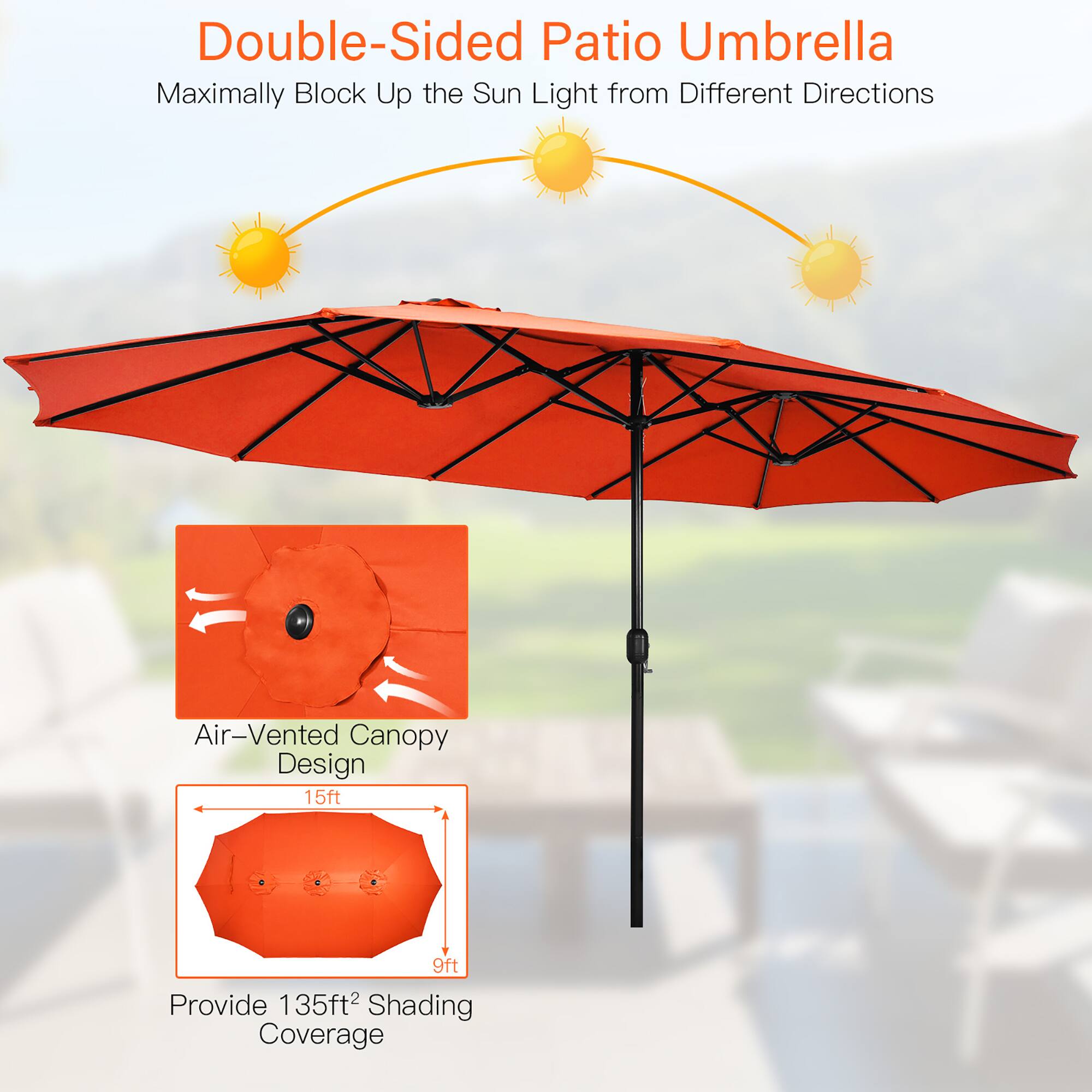 Double-Sided Patio Umbrella Maximally Block Up the Sun Light from Different Directions Air-Vented Canopy Design 15ft 9ft Provide 135ft2 Shading Coverage