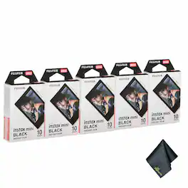 Fujifilm - 5xFUJIFILM INSTAX MINI Black Instant Film (10 Exposures), Microfiber Cleaning Cloth, Bundle