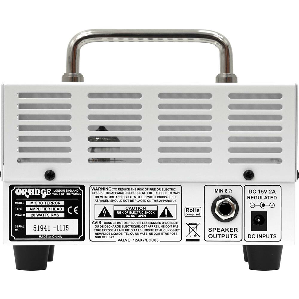 LONDON ENGLAND ORANGE VOICE OF THE WORLD MODEL MICRO TERROR TYPE AMPLIFIER HEAD POWER 20 WATTS RMS SERIAL No 51941 MADE IN CHINA WARNING TO REDUCE THE RISK OF FIRE OR ELECTRIC SHOCK THIS APPARATUS SHOULD NOT BE EXPOSED TO RAIN OR MOISTURE AND OBJECTS FILLED WITH LIQUIDS SUCH AS VASES SHOULD NOT BE PLACED ON THIS APPARATUS CAUTION RoHS RISK OF ELECTRIC SHOCK! DO NOT OPEN Avis: Dans le but de réduire les risques d'incendie ou de décharge électrique cet appareil ne doit pas être exposé à la pluie ou à l'humidité et aucun objet rempli de liquide, tel qu'un vase, ne doit être posé sur celui-ci OUTPUTS DC INPUTS VALVE: 12AX7/ECC83
