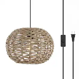 Jonathan Y - Isla 14" 1-Light Farmhouse Coastal Rattan 180" Cord Plug-In or Hardwired LED Pendant - Brown