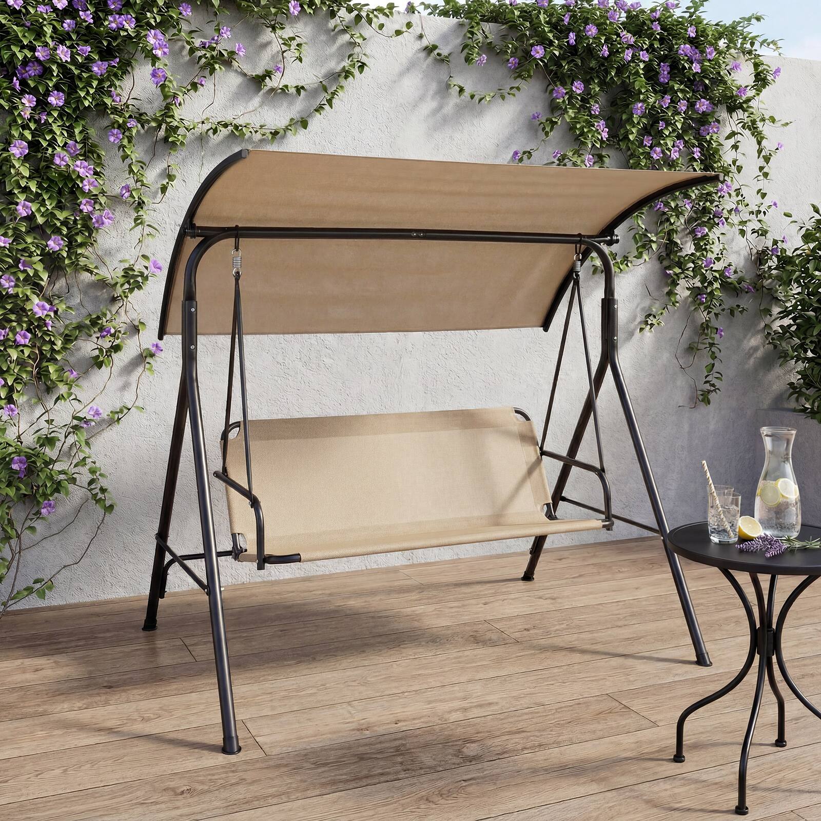 Alt View 4. Costway - Costway 3-Seat Patio Swing Chair with Adjustable Canopy, 800 lbs Heavy-Duty Metal Frame - Beige.