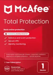 McAfee - Total Protection (1-Device) Antivirus & Internet Security Software (1-Year Subscription) - Android, Apple iOS, Chrome, Mac OS, Windows - Front_Zoom