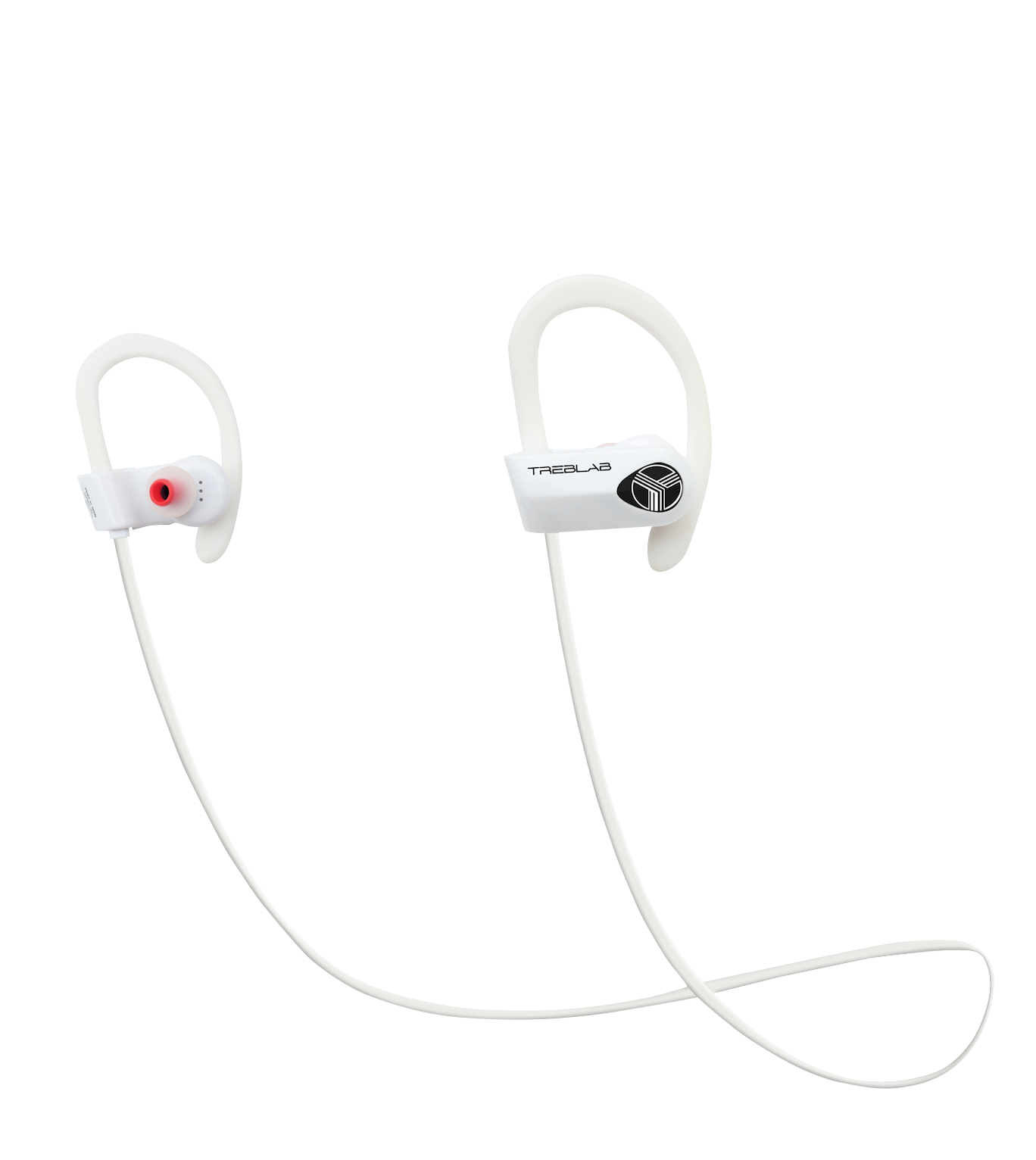 Left. TREBLAB - XR500 Bluetooth Running Headphones, IPX7 Waterproof, Noise Cancelling, Secure-Fit, Wireless Sport Earbuds with Mic - Black with white logo.