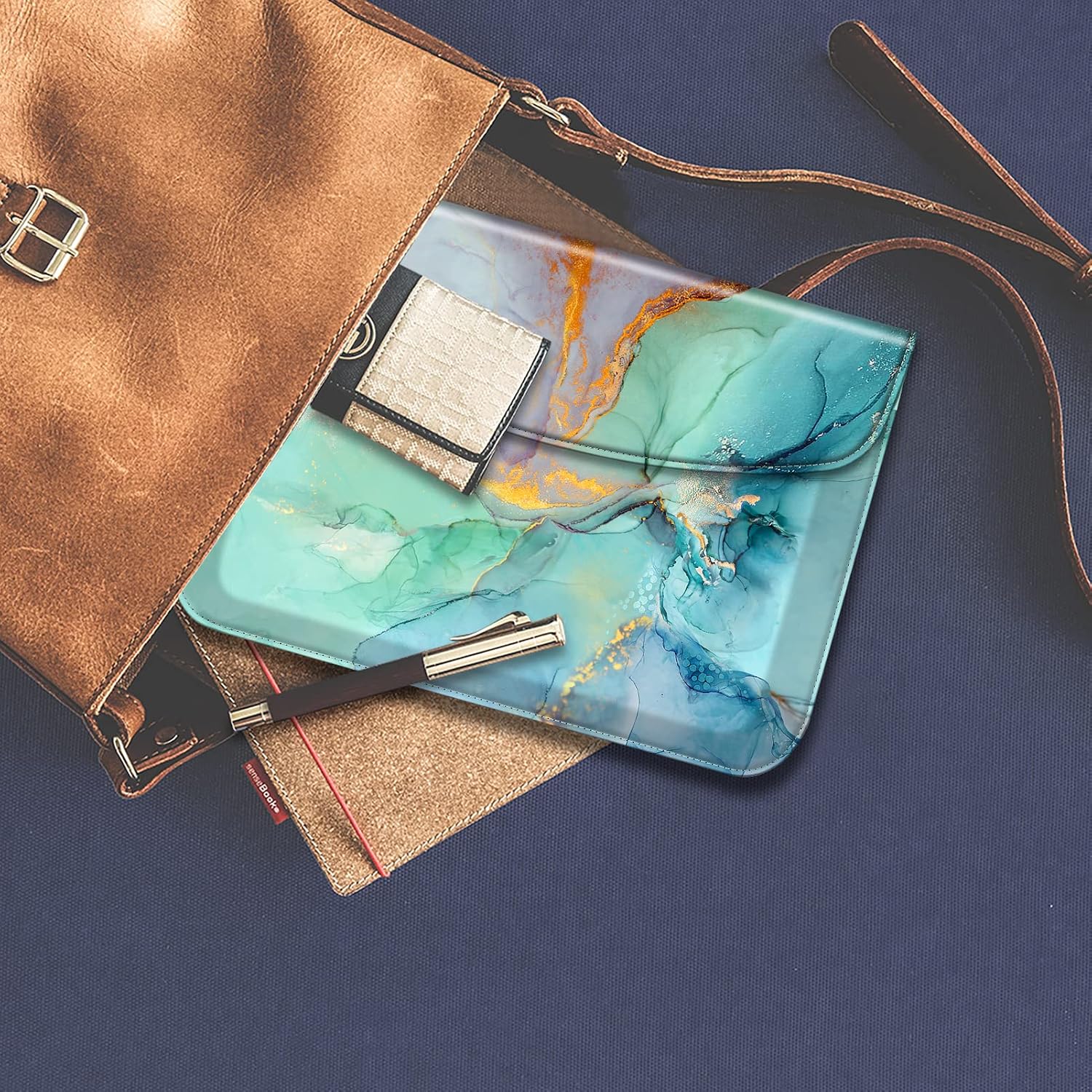 Alt View 3. Fintie - Sleeve Case for Microsoft Surface Go 4/3/2/1 (2023/2021/2020/2018) Slim Fit Premium Vegan Leather Cover with Stylus Loop - Emerald Marble.