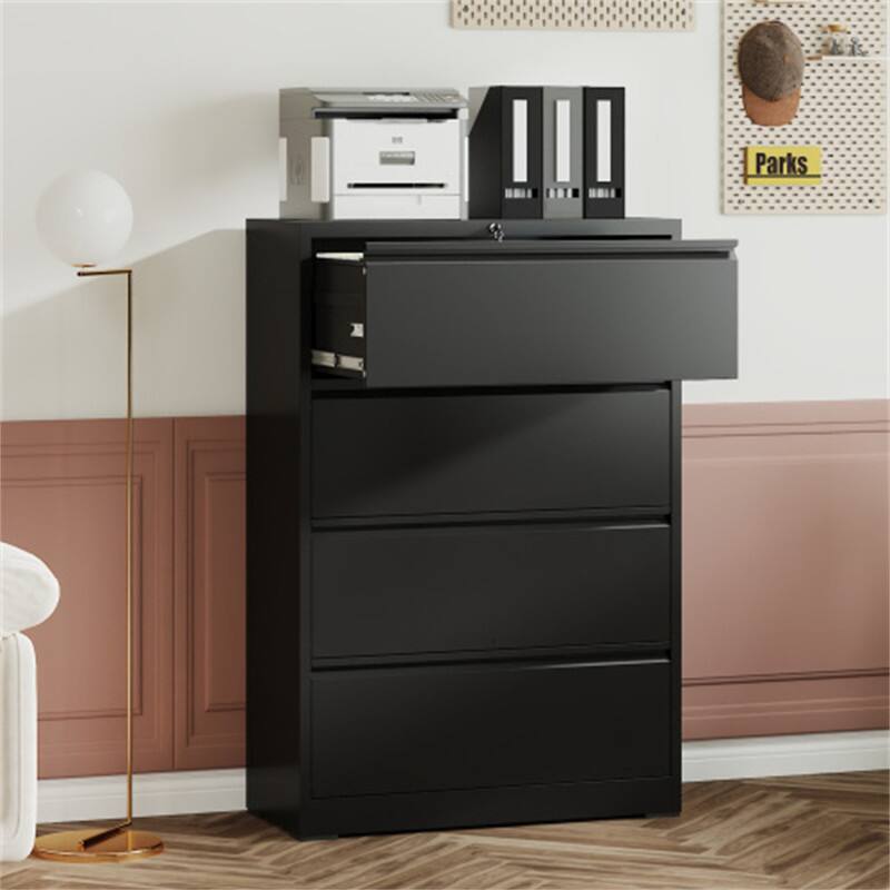 Angle. HTUTWOO - 4 Drawer Lateral File Cabinet – Heavy Duty Metal Filing Cabinet, 35.4" Locking Vertical Storage with Anti-Tip Interlock - Black.