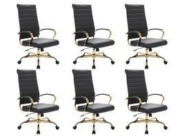 LeisureMod - Set of 6 Benmar Modern High-Back Leather Conference Office Chair with Gold Steel Frame, Swivel, and Tilt - Black