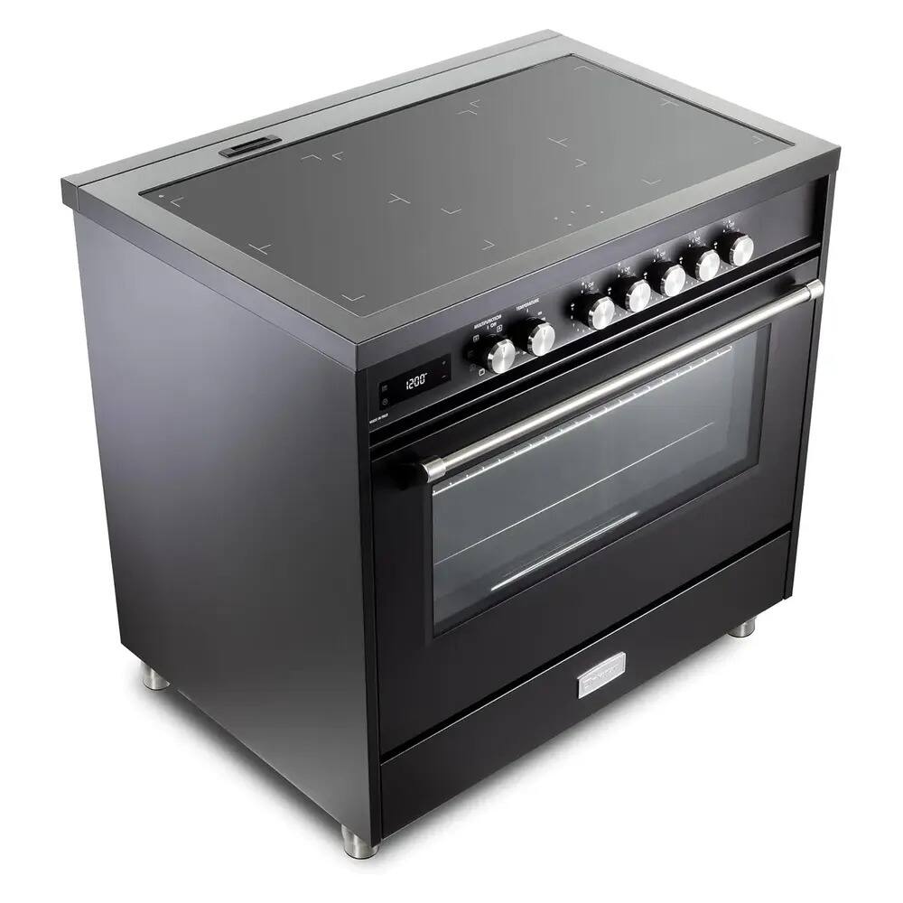 Angle. Verona - Verona 36 inch Ultima Collection Freestanding Induction Range with 5 Elements, 5 cu. ft. Oven Capacity (Matte Black) - Matte Black.