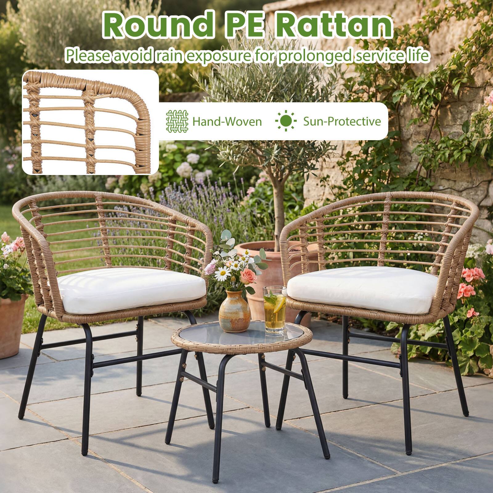 Round PE Rattan  
Please avoid rain exposure for prolonged service life  
Hand-Woven  
Sun-Protective