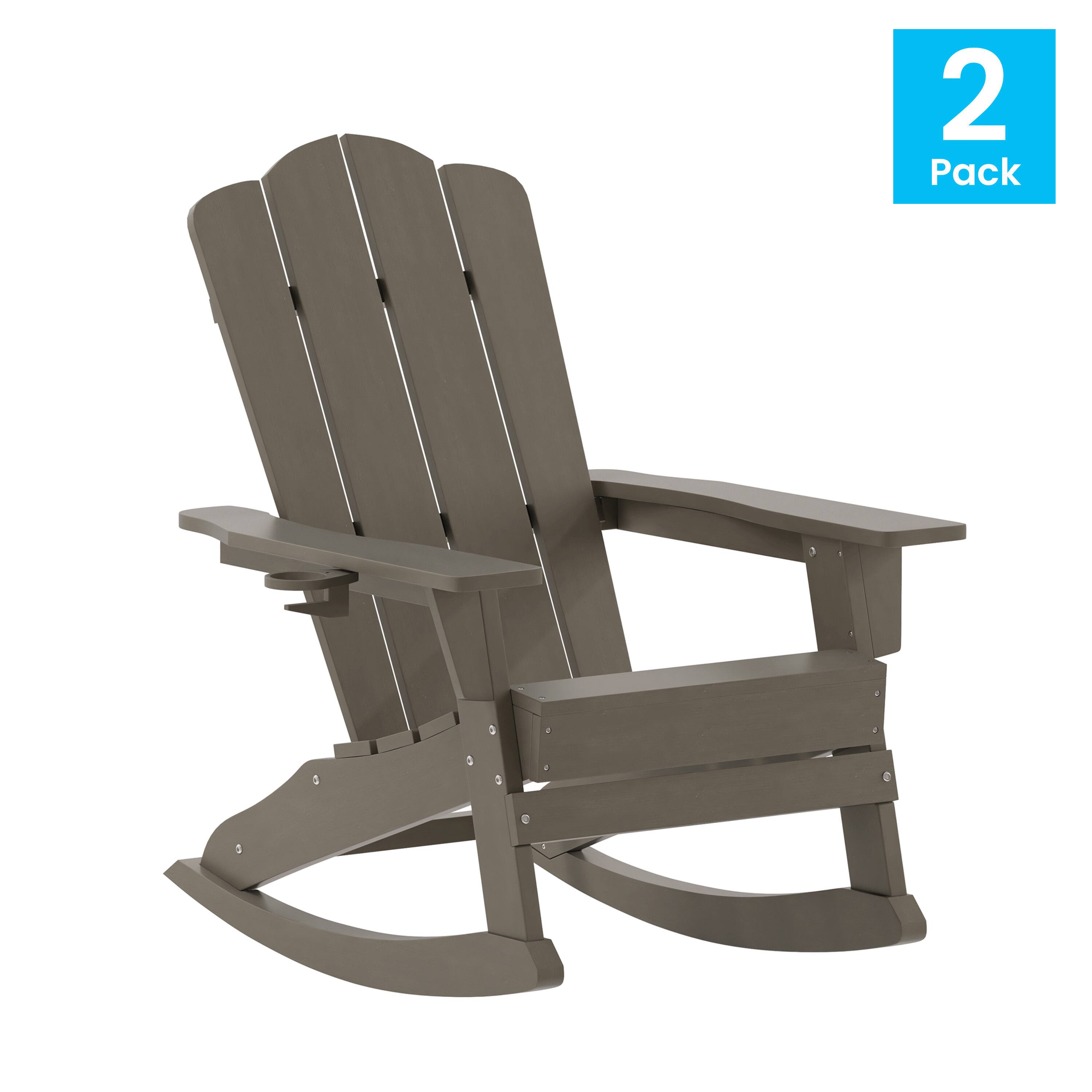 Alt View 1. Emma + Oliver - Tiverton Set of 2 Adirondack Rocking Chairs with Cup Holders, Weather Resistant HDPE Adirondack Rocking Chairs - Brown.