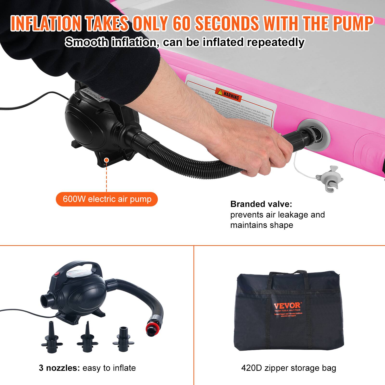 INFLATION TAKES ONLY 60 SECONDS WITH THE PUMP
Smooth inflation, can be inflated repeatedly
600W electric air pump
Branded valve: prevents air leakage and maintains shape
3 nozzles: easy to inflate
420D zipper storage bag