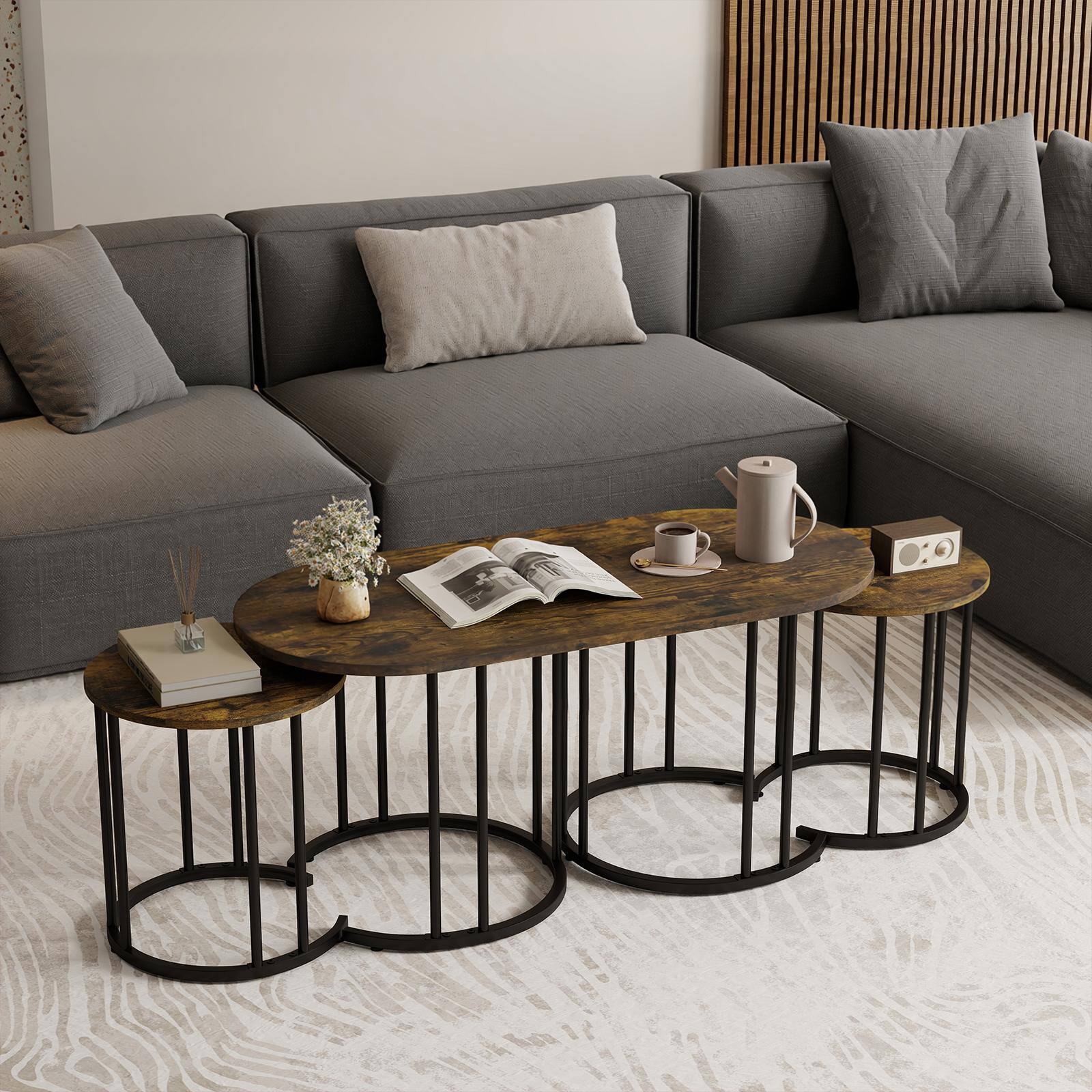 Alt View 5. Costway - Costway 3-Piece Nesting Coffee Table Set, 43" Coffee Table with 2 Side Tables for Apartment - Rustic Brown & Black.