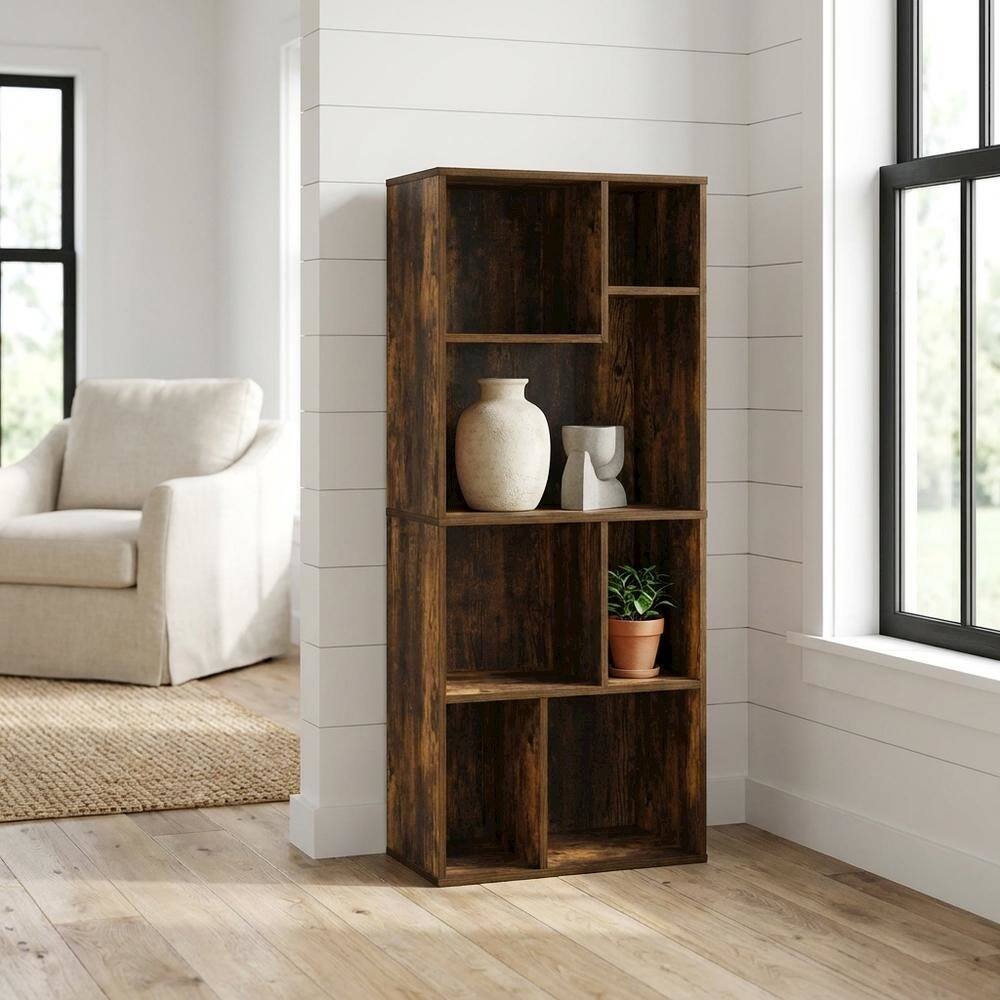 Angle. FurniFact - Amber Pine 7-Cube Irregular Bookcase with Storage Organizer and Modern Design - Amber Pine.
