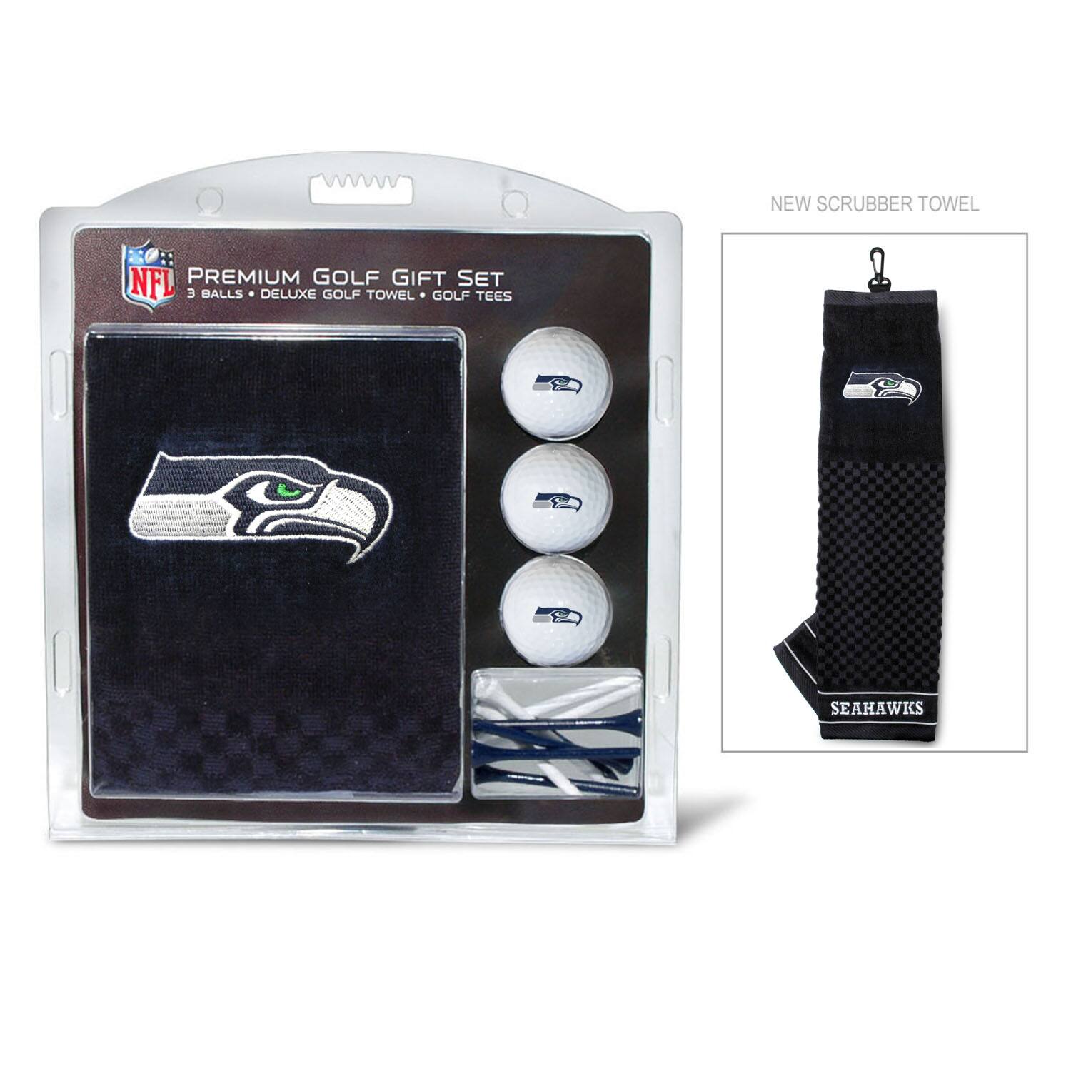 NEW SCRUBBER TOWEL  
NFL PREMIUM GOLF GIFT SET  
3 BALLS • DELUXE GOLF TOWEL • GOLF TEES  
SEAHAWKS