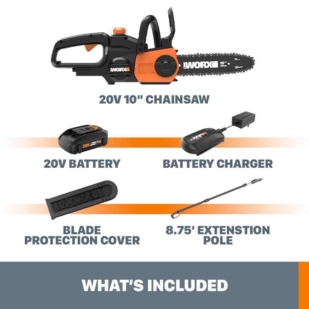 Alt View 14. WORX - WG323 20V 10" Cordless Pole Chainsaw with Auto-Tension (1 x 2.0 Ah Battery and 1 x Charger) - Black.
