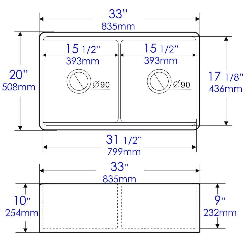 33" 835mm  
20" 508mm  
15 1/2" 393mm  
17 1/8" 436mm  
31 1/2" 799mm  
10" 254mm  
9" 232mm