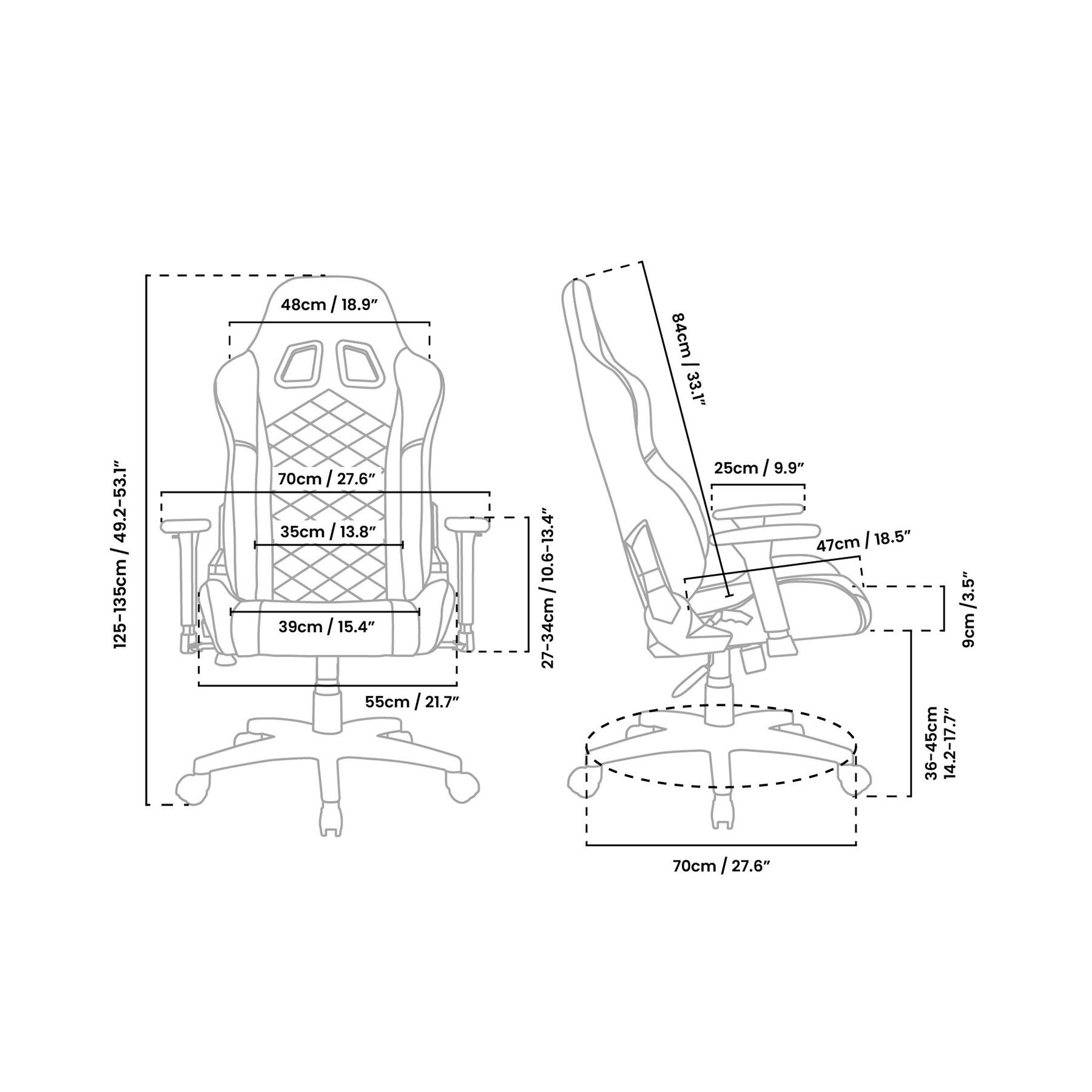 125-135cm/ 49.2-53.1", 48cm/ 18.9", 70cm/ 27.6", 35cm/ 13.8", 39cm/ 15.4", 55cm/ 21.7", 27-34cm, 84cm/ 33.1", 25cm/ 9.9", 47cm/ 18.5", 9cm, 36-45cm/ 14.2-17.7", 70cm/ 27.6"