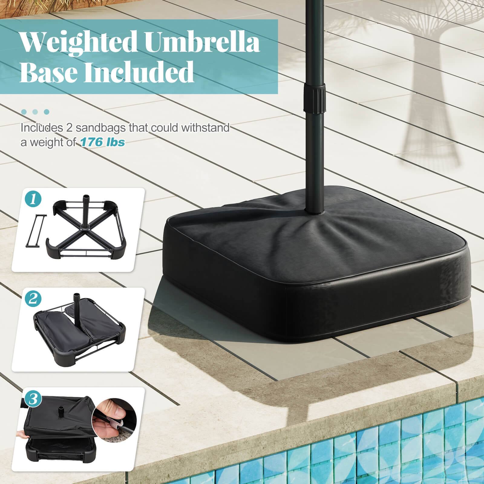 Weighted Umbrella Base Included ... Includes 2 sandbags that could withstand a weight of 176 lbs.