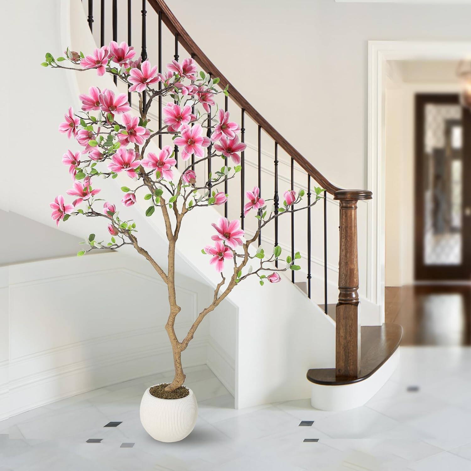 Back. Homhougo - Artificial Magnolia Tree 4FT with Pink Flowers, Realistic Faux Plant for Living Room Bedroom Office Decor - Green.