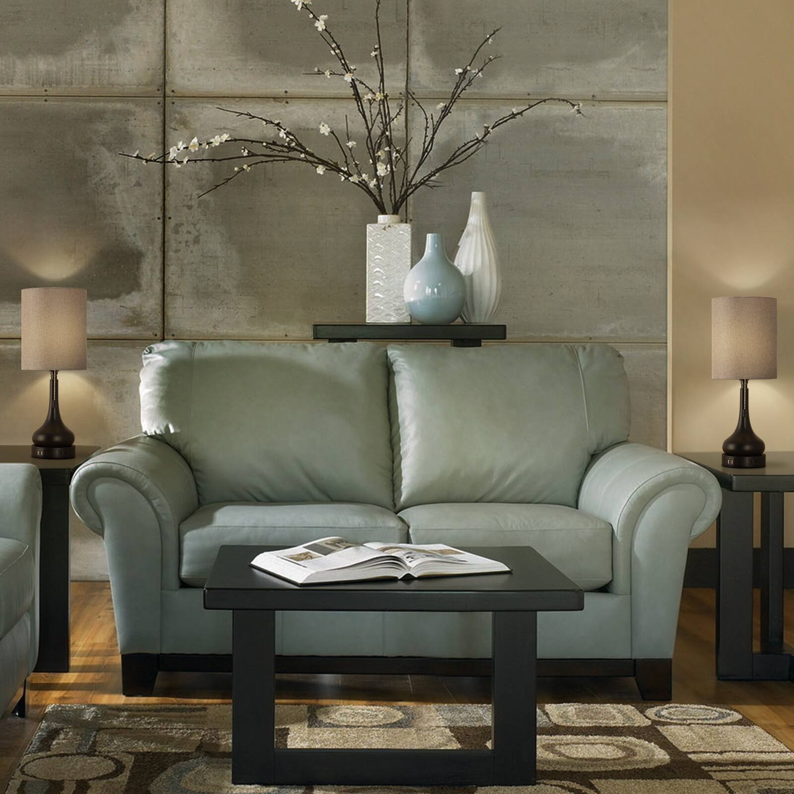 Alt View 2. Oumilen - 2-Piece Gourd Table Lamp with Gray Fabric Shade, Pull Chain Switch, 2 USB Ports and 1 AC Outlet.