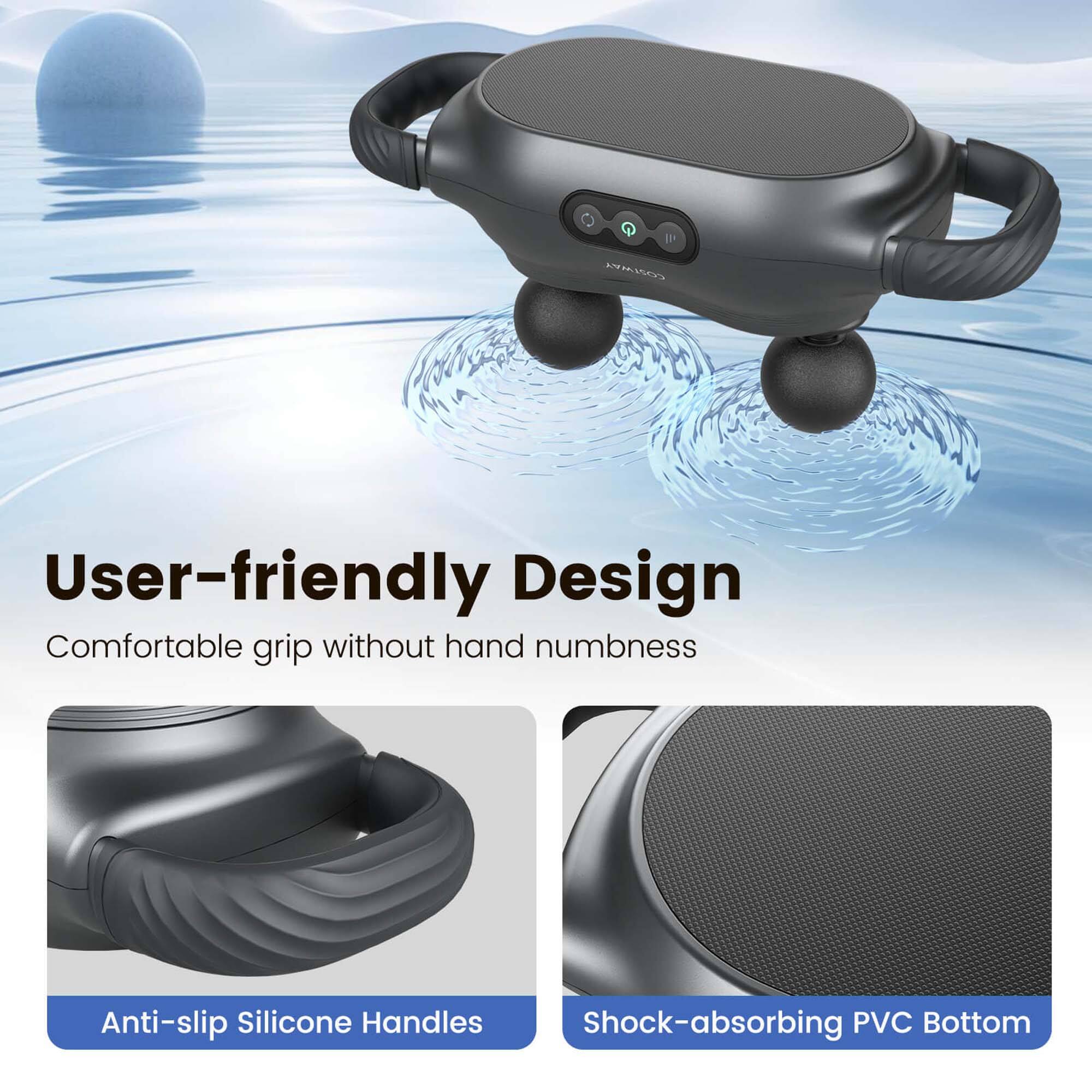 The image features a black device with a comfortable grip and anti-slip silicone handles. The device also has shock-absorbing PVC bottoms, making it user-friendly and suitable for various purposes.