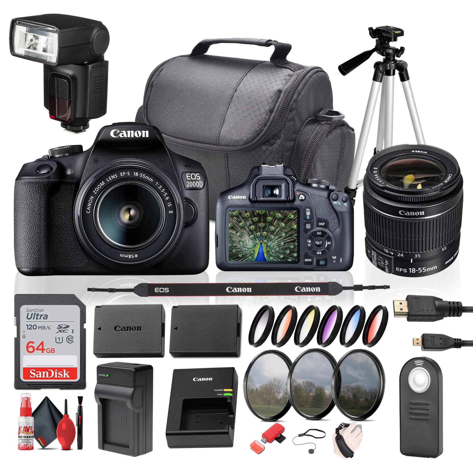 Canon - EOS 2000D / Rebel T7 DSLR Camera with 18-55mm Zoom Lens, 64GB Card, Battery, Tripod, Flash, and More Bundle
