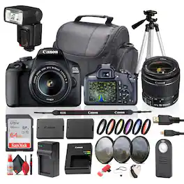 Canon - EOS 2000D / Rebel T7 DSLR Camera with 18-55mm Zoom Lens, 64GB Card, Battery, Tripod, Flash, and More Bundle