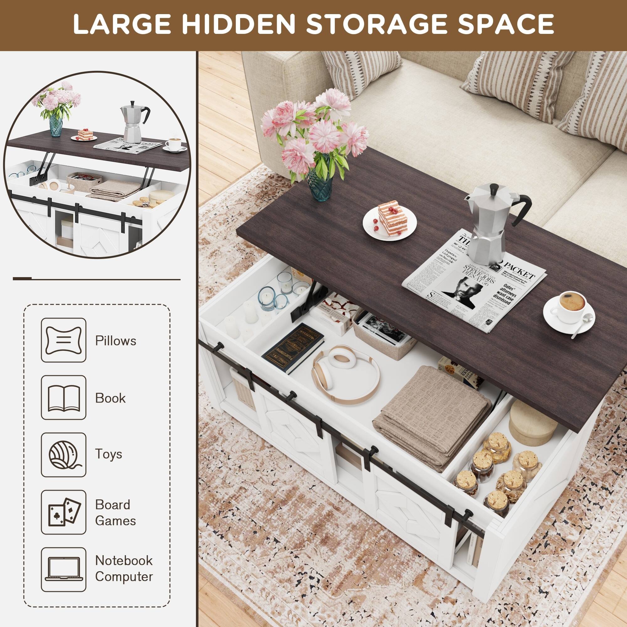 Alt View 5. U-HOMY - Lift Top Coffee Table with Storage and Sliding Barn Doors, Farmhouse Center Table for Living Room - White.