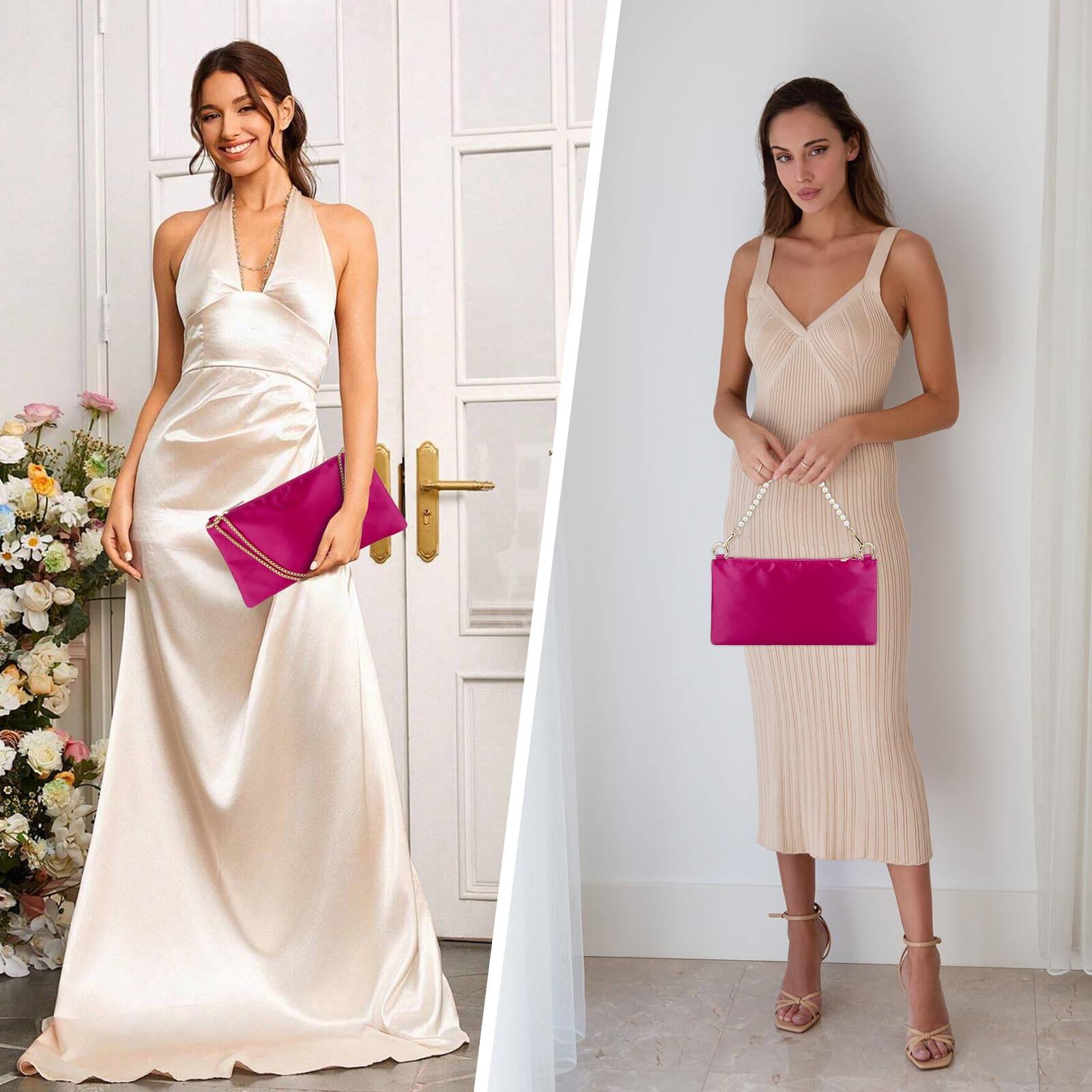 Left. Fabibe - Women Satin Evening Handbag Wedding Prom Clutch Purse Formal Cocktail Party Clutches Shoulder Bag With 2 Chains - Champagne Satin.