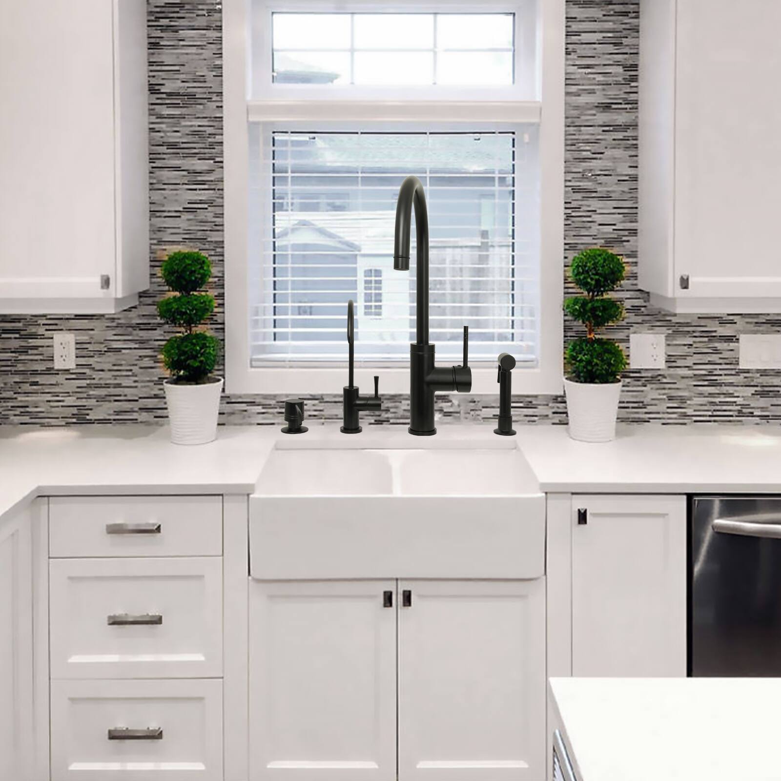 Alt View 4. Akicon - Akicon Solid Brass Single Handle 360° Swivel Widespread Kitchen Faucet with Side Sprayer in Matte Black - Matte Black.