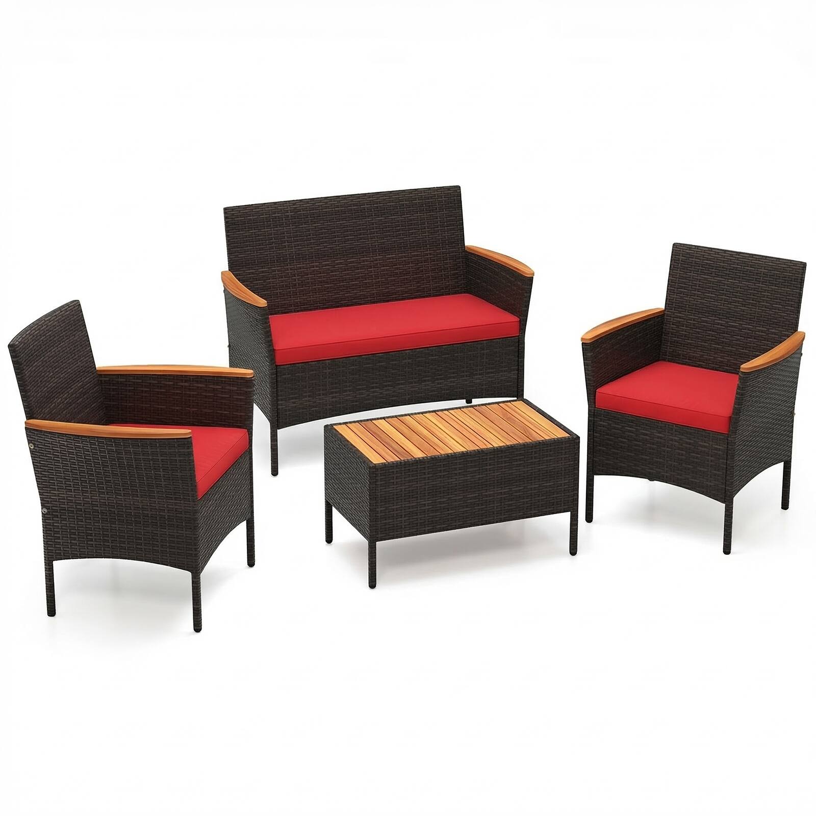 Alt View 8. Costway - Costway 4 PCS Patio Wicker Sofa Set with Coffee Table Acacia Wood Armrests & Tabletop - Mix Brown + Red.