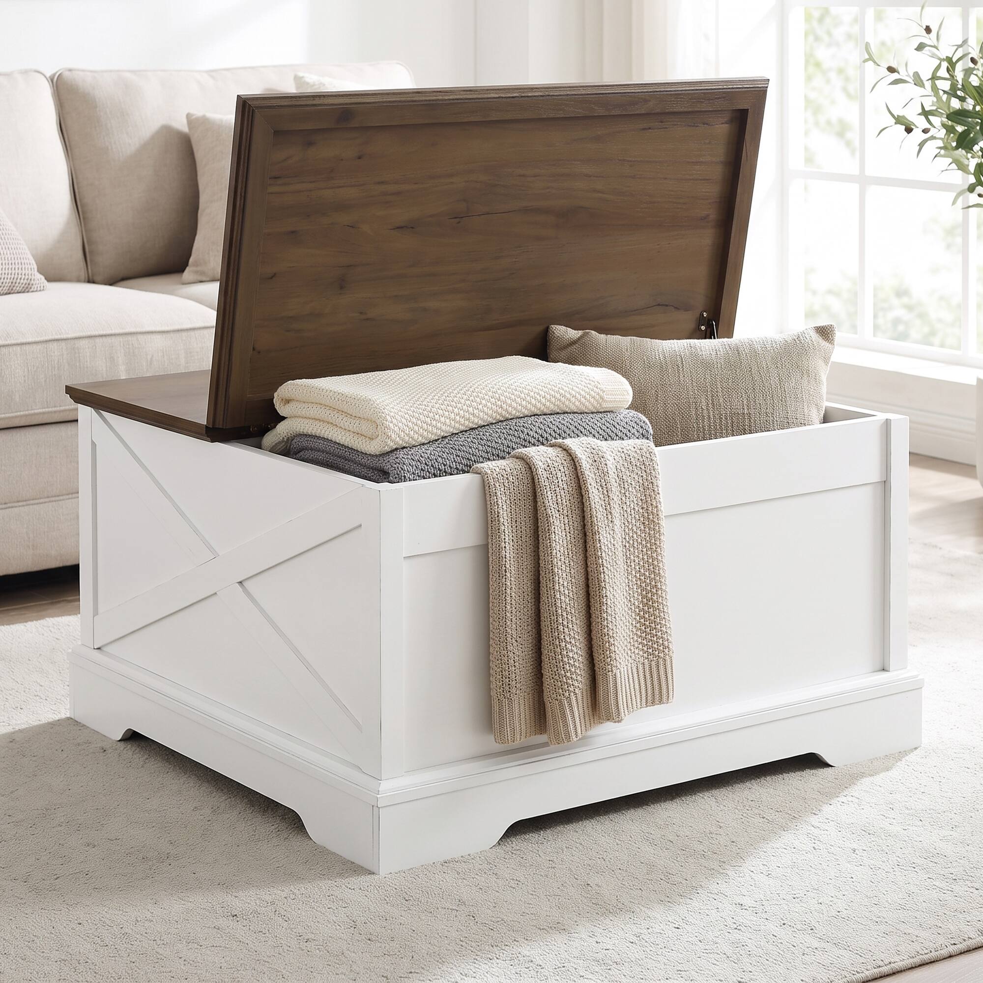 Angle. Ihomeadore - 31.5 Inch Modern Farmhouse Square Flip Top Coffee Table with Hidden Storage Box and Sliding Barn Door - White.