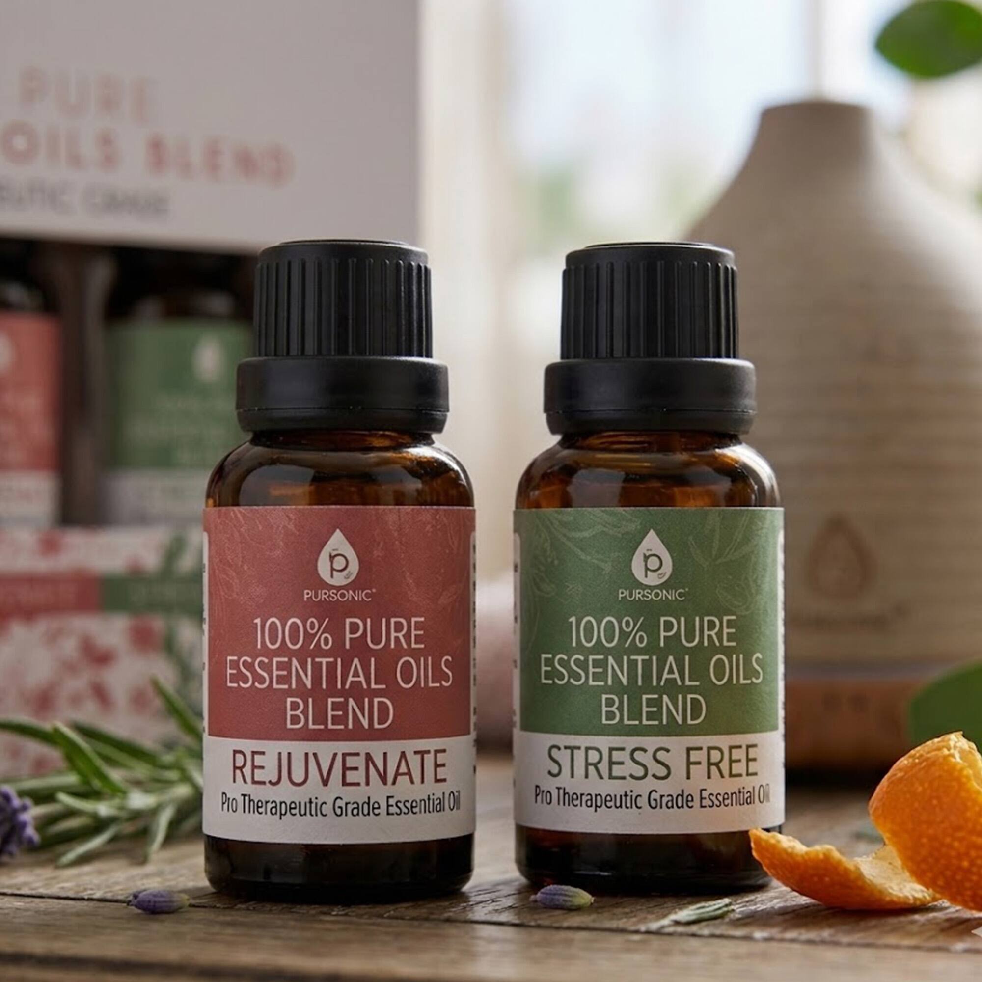 PURE OILS  
PURSONIC  
100% PURE ESSENTIAL OILS BLEND  
REJUVENATE  
STRESS FREE  
Pro Therapeutic Grade Essential Oil