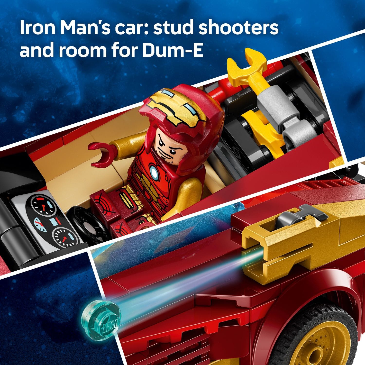 Iron Man's car: stud shooters and room for Dum-E LEGO.