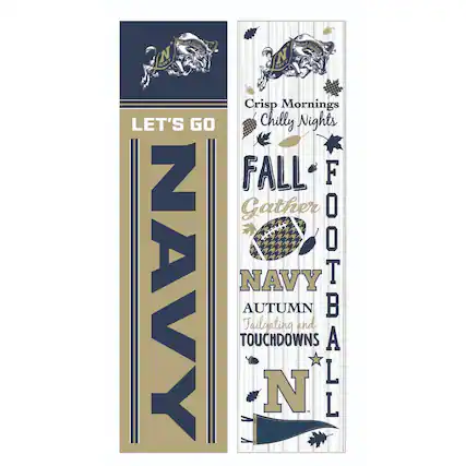 **Left Side:**
- LET'S GO
- NAVY
**Right Side:**
- Crisp Mornings
- Chilly Nights
- FALL FOOTBALL
- Gather
- NAVY
- AUTUMN
- Tailgating and TOUCHDOWNS
- NAVY