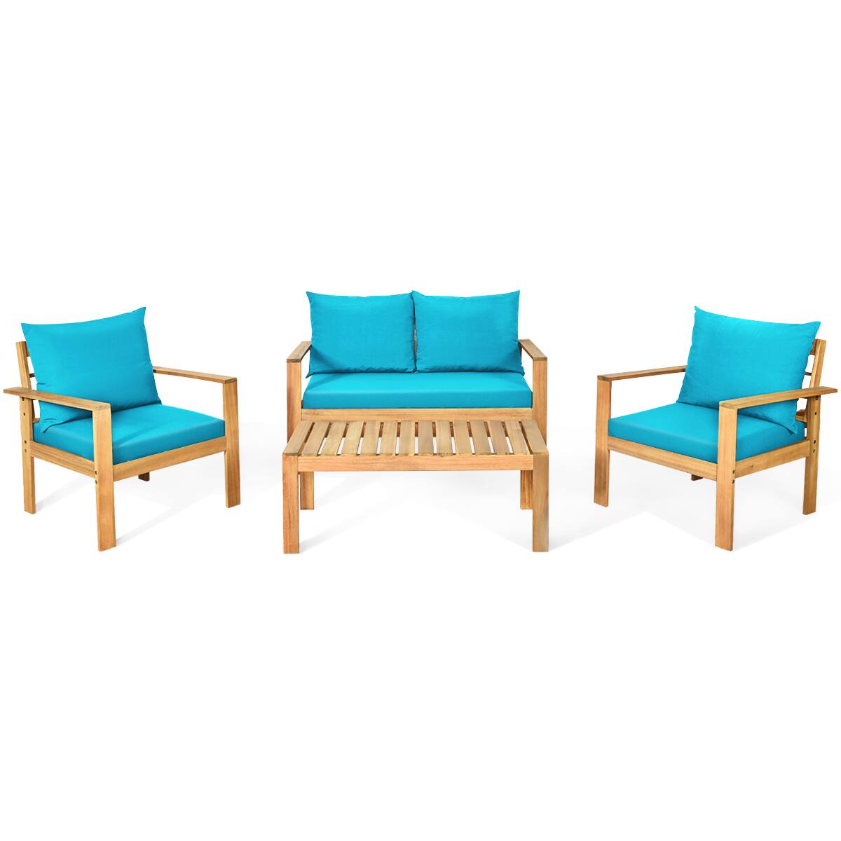 Alt View 7. Gymax - Gymax 8PCS Patio Acacia Wood Conversation Furniture Set w/ Turquoise Cushions - Turquoise.
