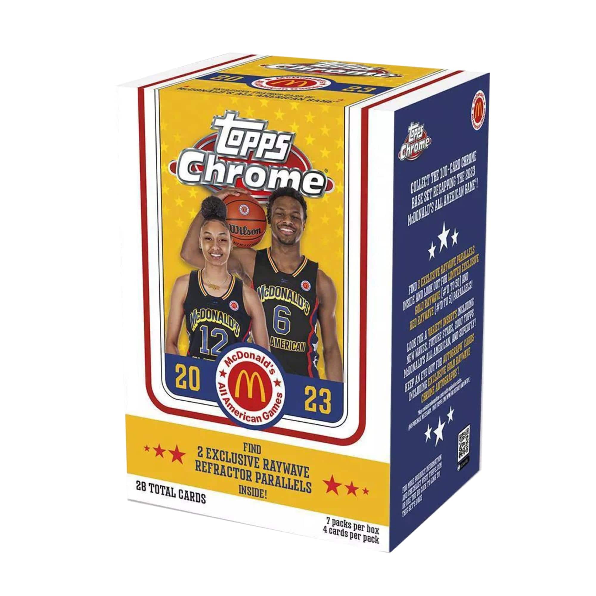 Sure, here is the corrected and grouped text from the image:

---

**Topps Chrome**

**McDonald's All American Game**

**2023**

**28 TOTAL CARDS**

**7 packs per box**

**4 cards per pack**

**2 EXCLUSIVE RAYWAVE REFRACTOR PARALLELS INSIDE!**

**COLLECT THE "100-CARD CHROME BASE SET" AND "ALL-AMERICAN GAME" BASE SET!**

**FIND EXCLUSIVE RAYWAVE REFRACTOR PARALLELS INSIDE!**

**7 packs per box**

**4 cards per pack**

**2 EXCLUSIVE RAYWAVE REFRACTOR PARALLELS INSIDE!**

**28 TOTAL CARDS**

**McDonald's All American Game**

**2023**

**McDonald's All American Game**

**2023**

**McDonald's All American Game**

**2023**

**McDonald's All American Game**

**2023**

**McDonald's All American Game**

**2023**

**McDonald's All American Game**

**2023**

**McDonald's All American Game**

**2023**

**McDonald's All
