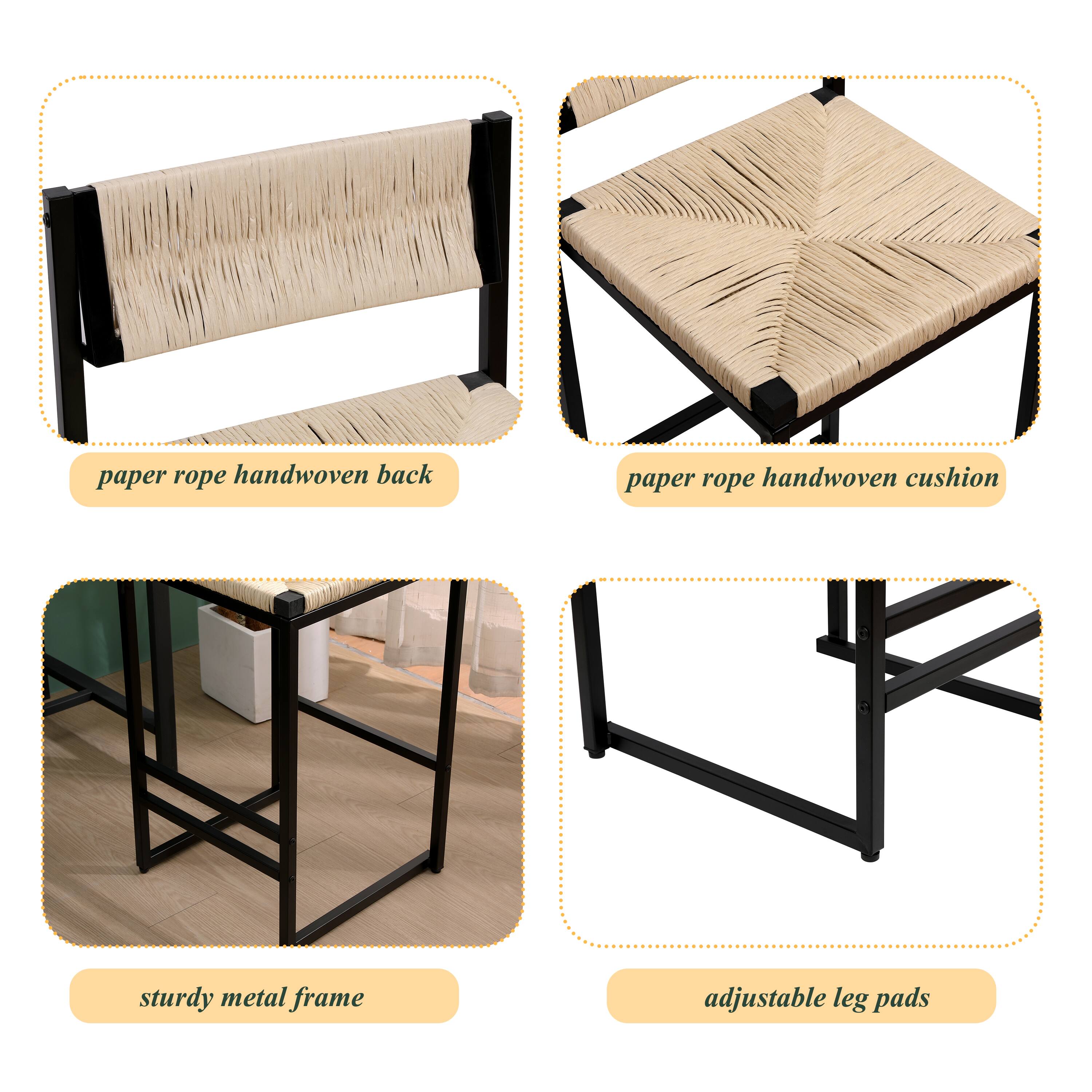 - paper rope handwoven back
- paper rope handwoven cushion
- sturdy metal frame
- adjustable leg pads