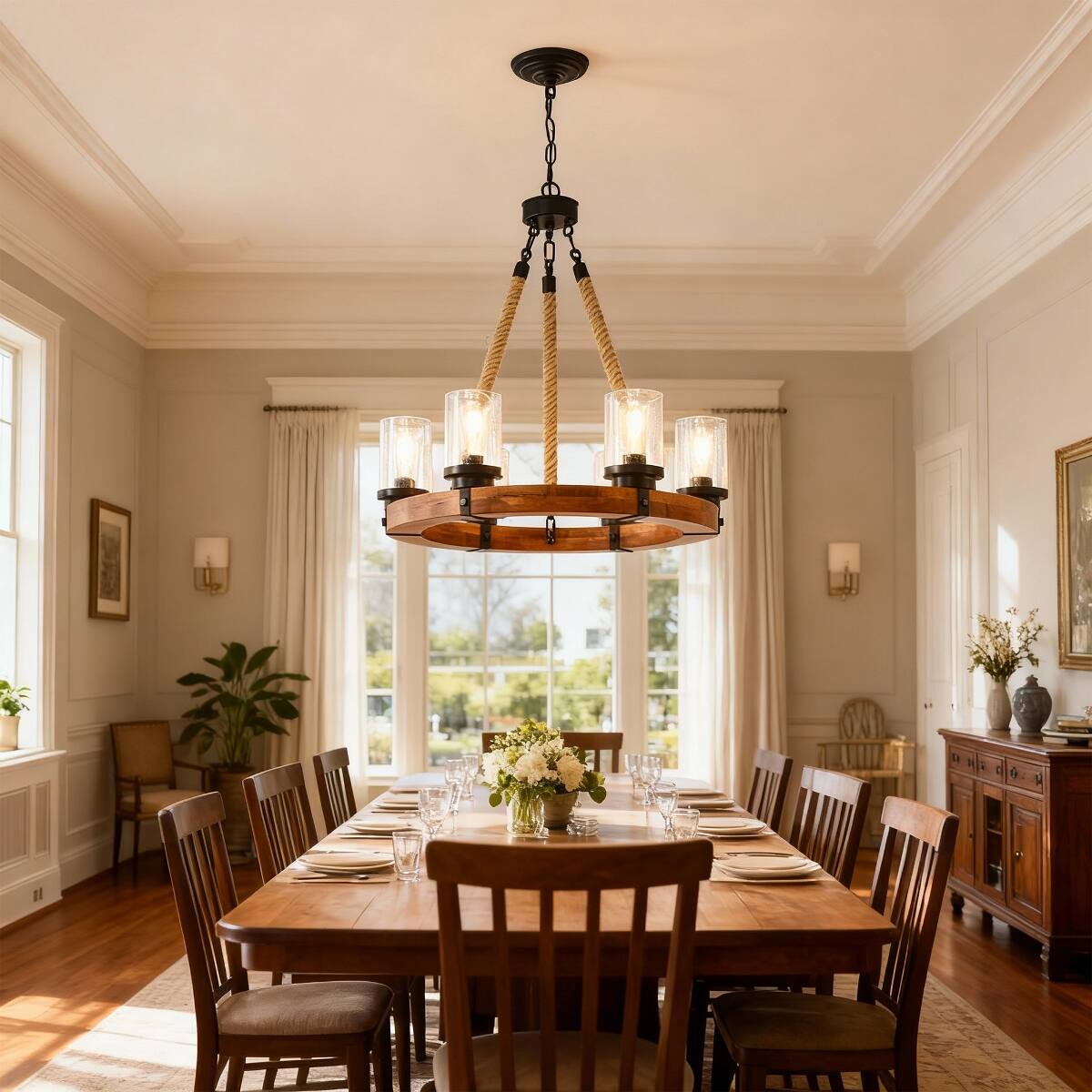 Loheer Rustic Wagon Wheel Chandelier, Six Light Wood and Metal Pendant ...