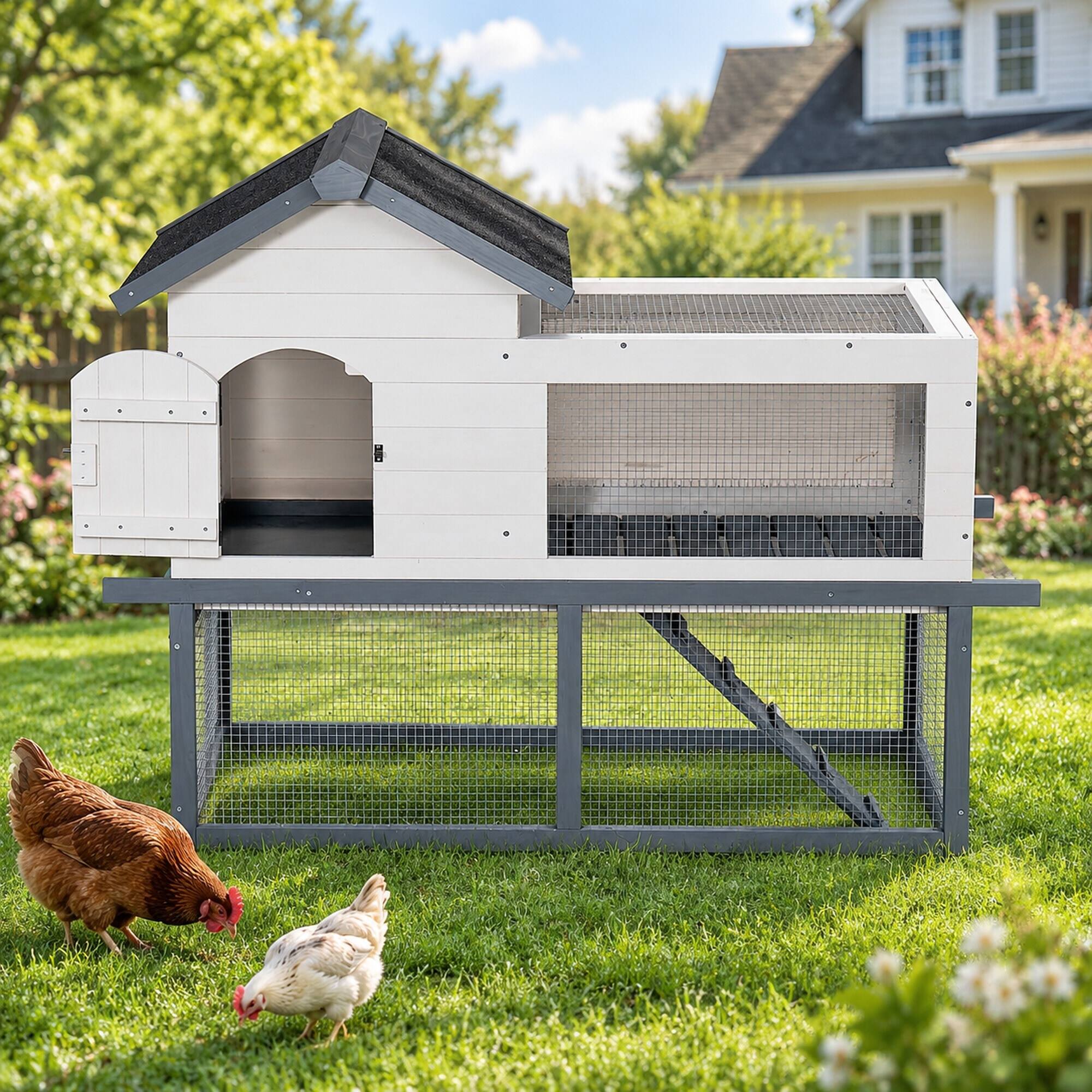 Left. RYHNUYNE - 53 in Wooden Chicken Coop and Rabbit Hutch, Double-Tier Indoor Outdoor Pet House, Asphalt Roof, Fir Wood.
