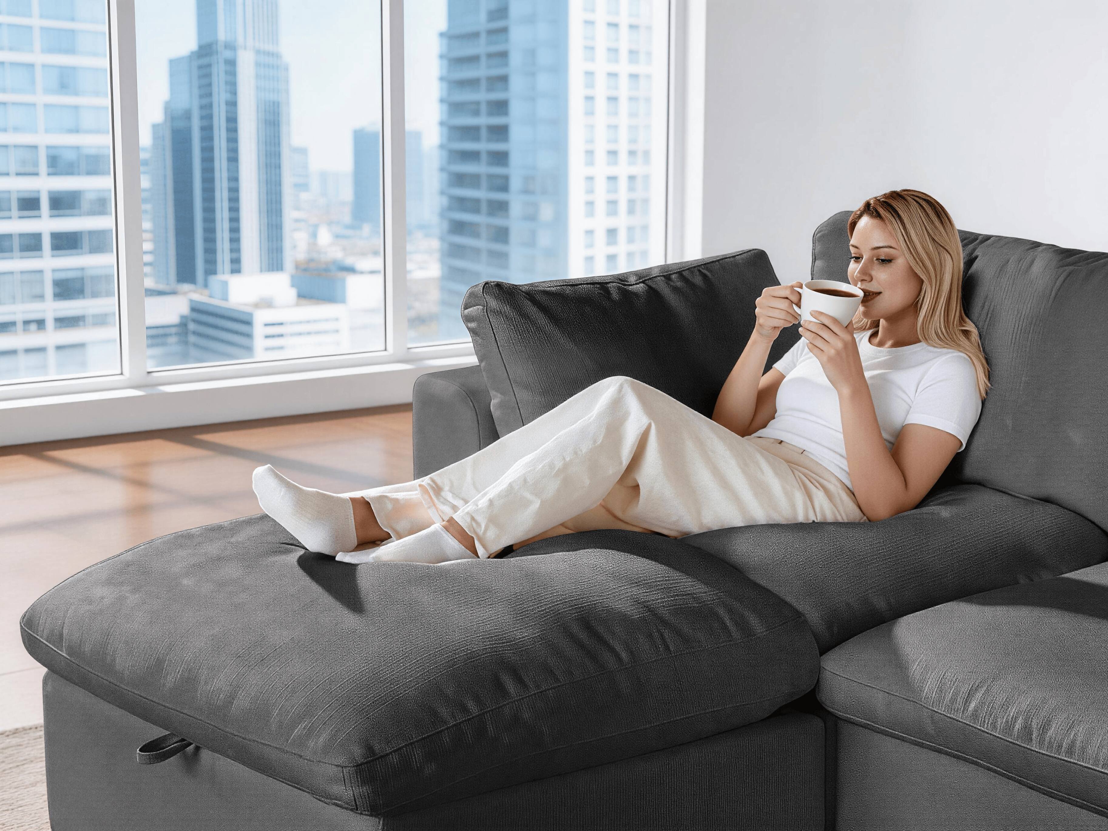Left. Dyonery - Dyonery 120" Sectional Couches,Modern Modular Sectional Sofa,with Comfy Deep Seats,Fluffy L-Shape PU Leather Sofa Couch - Dray.